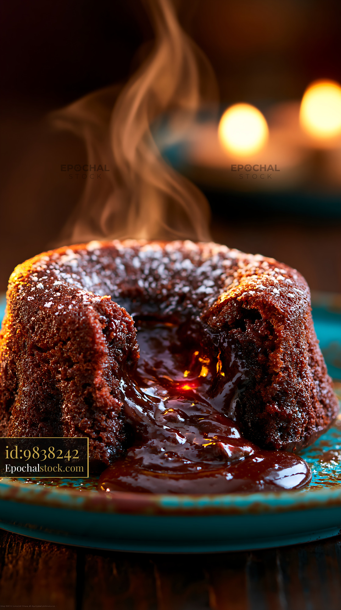 Watermarked full-resolution preview of Chocolate lava cake with melting center served on a blue plate