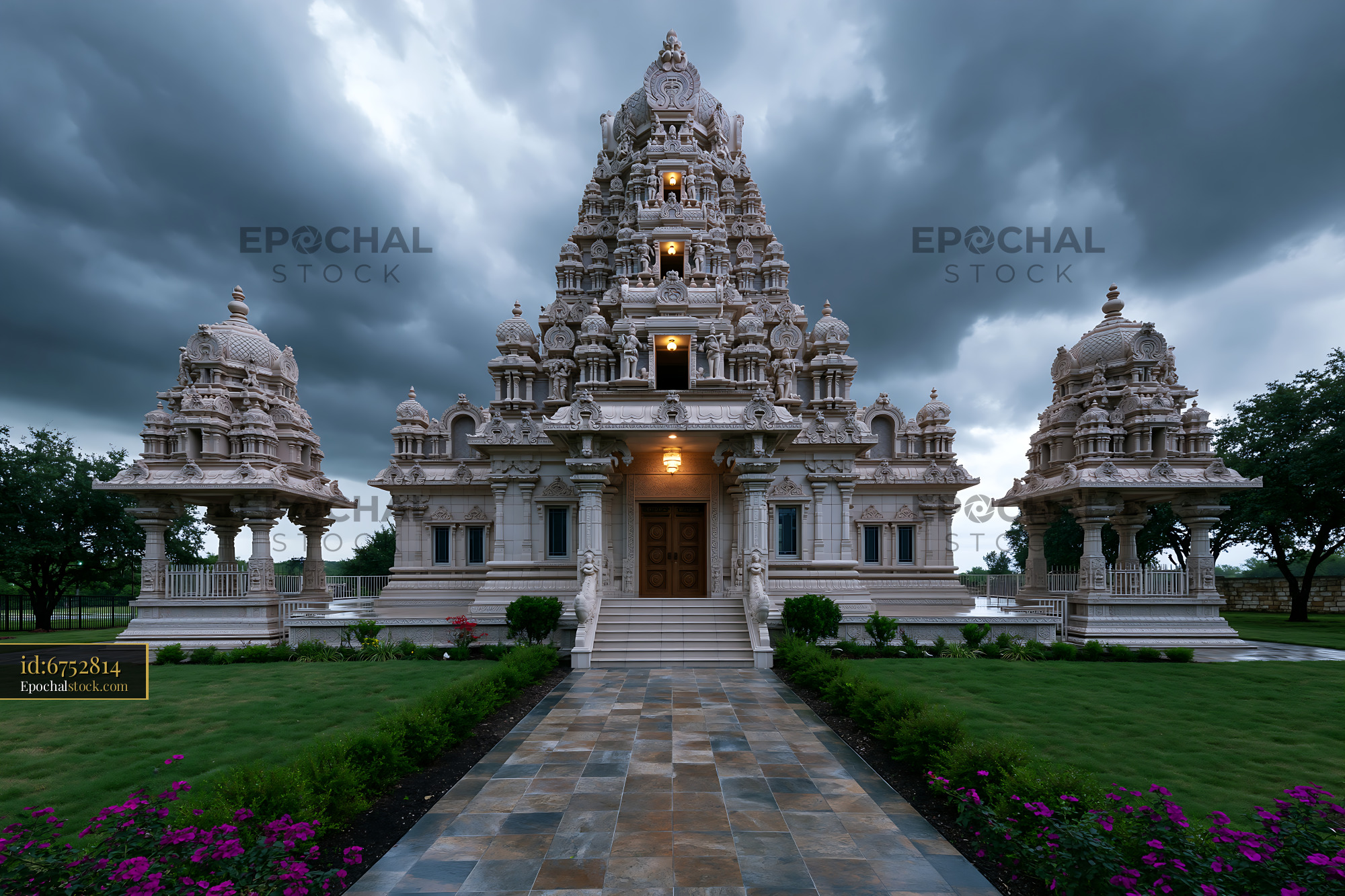 Watermarked full-resolution preview of Hindu temple with intricate carvings under a cloudy sky