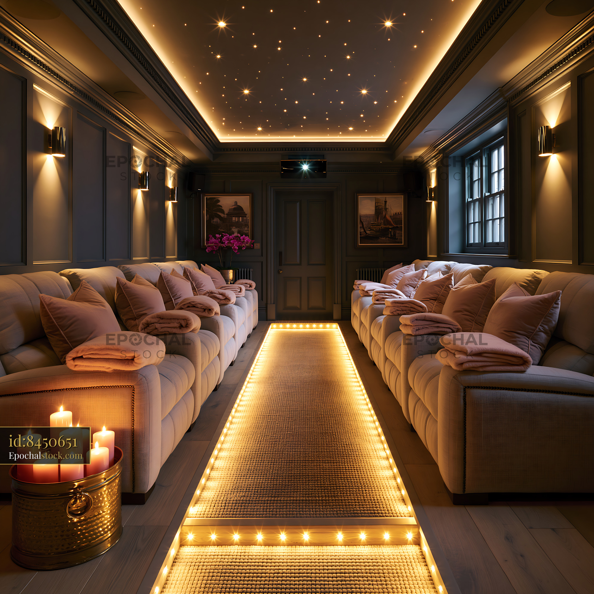 Watermarked full-resolution preview of Cozy home theater with plush seating, soft lighting, and candles