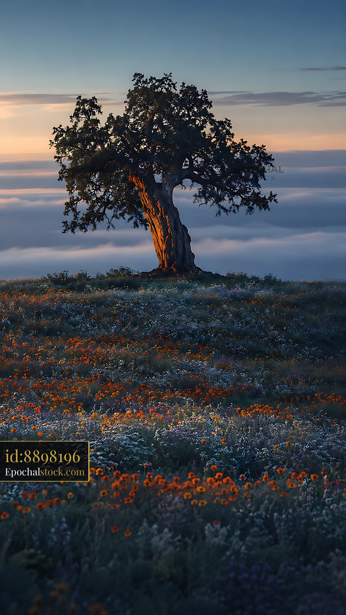 Watermarked full-resolution preview of Sunrise over a tree and a field with flowers