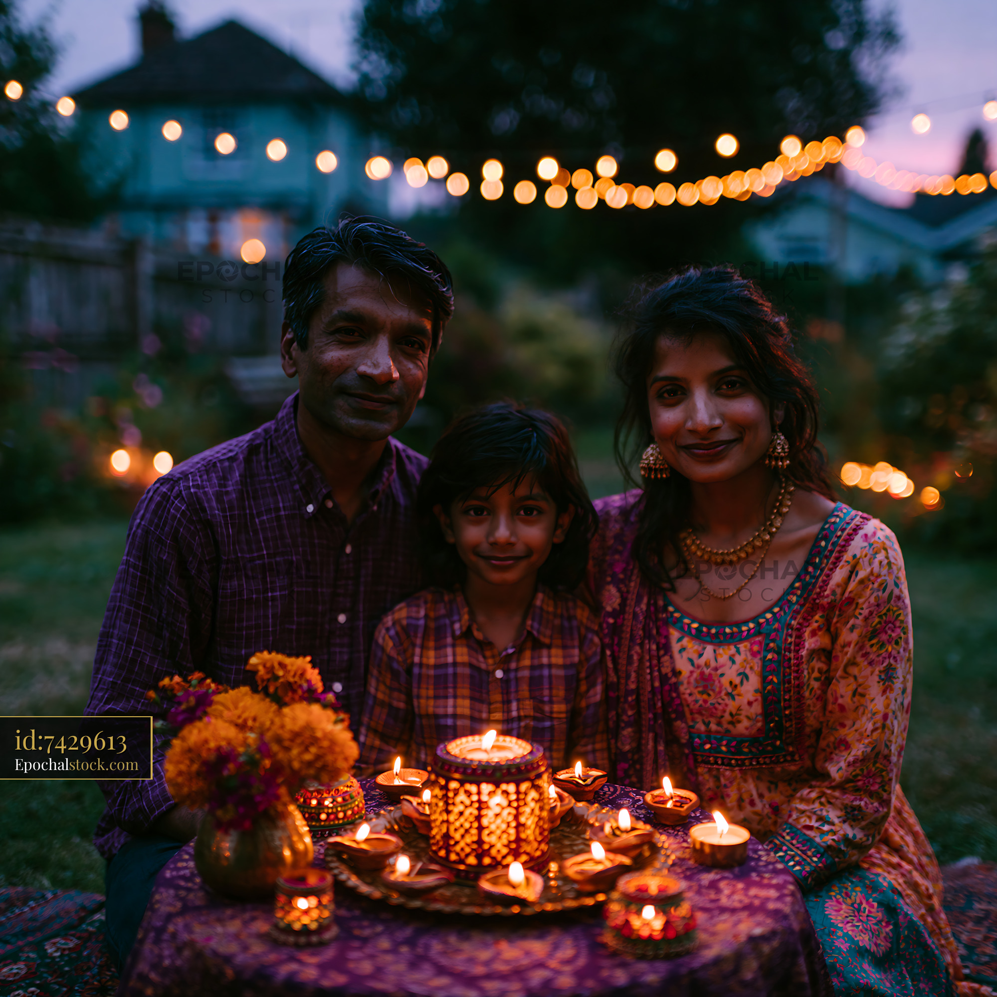 Watermarked full-resolution preview of Family celebration with candles and flowers in evening backyard