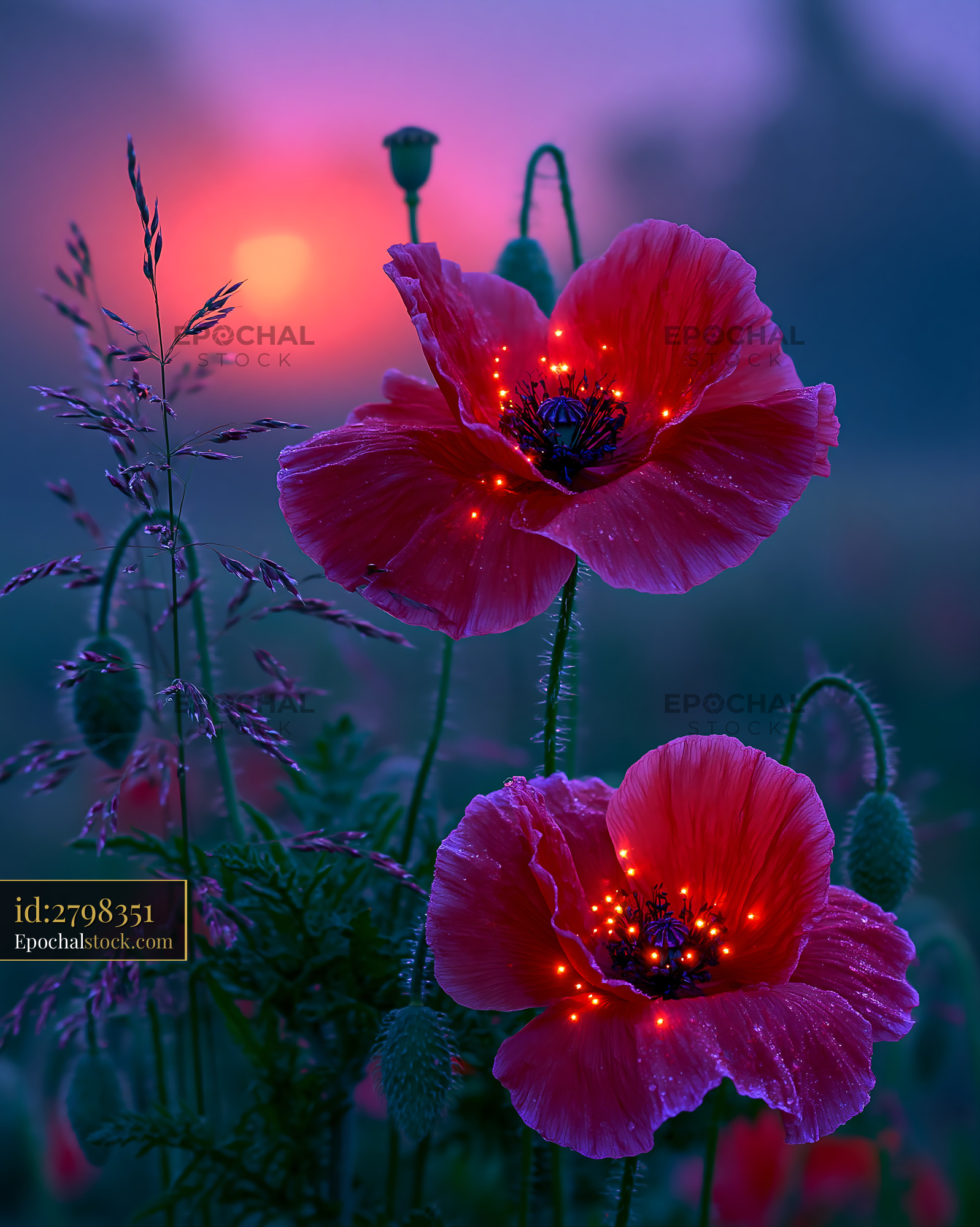 Watermarked full-resolution preview of Red poppies blooming at sunset with glowing lights