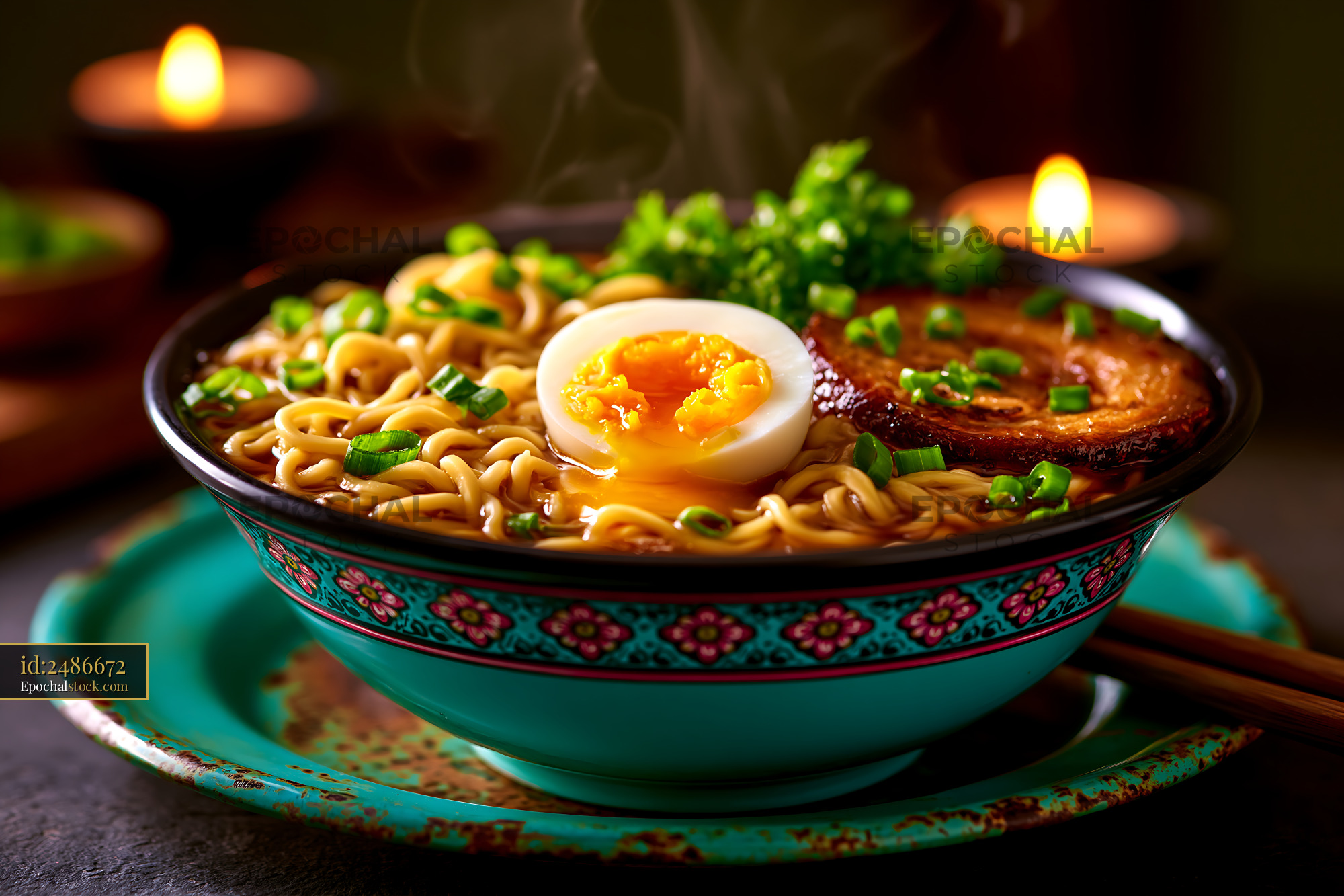 Watermarked full-resolution preview of Hot bowl of ramen with egg and meat served on table