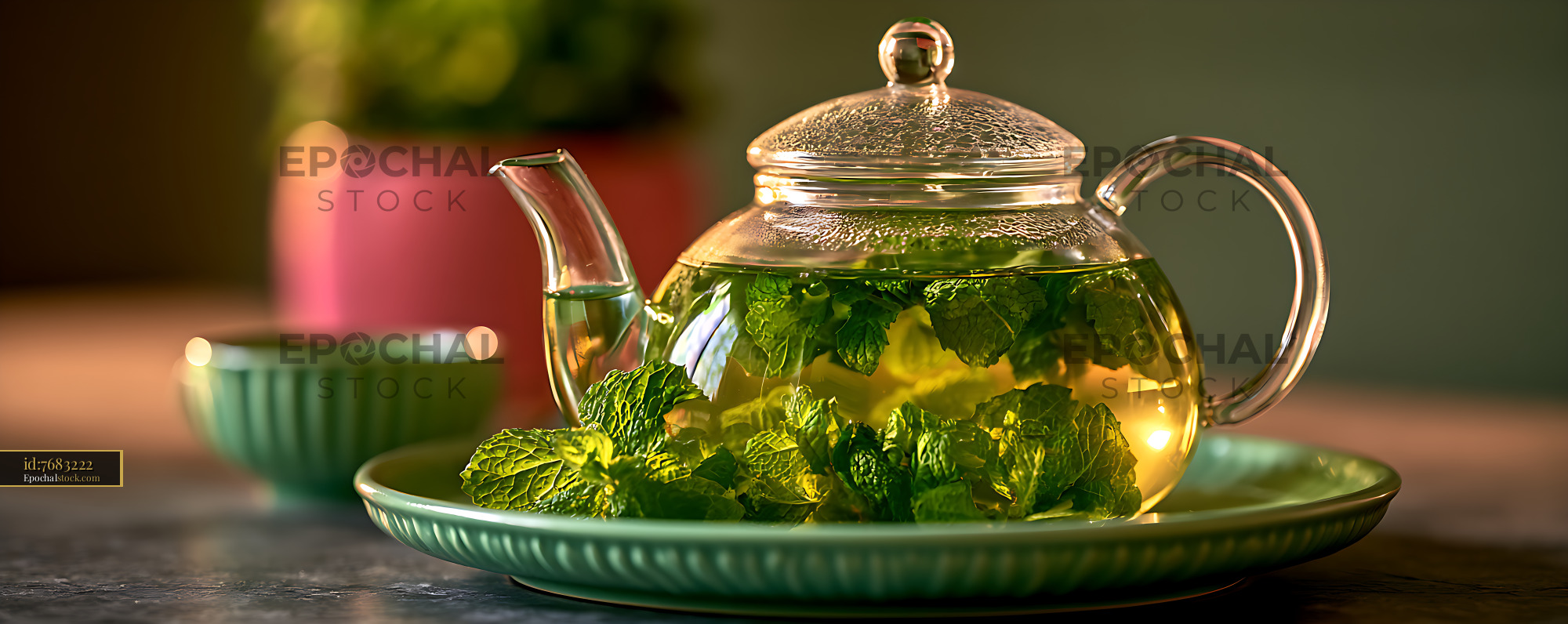 Watermarked full-resolution preview of Transparent teapot of mint tea on a green plate