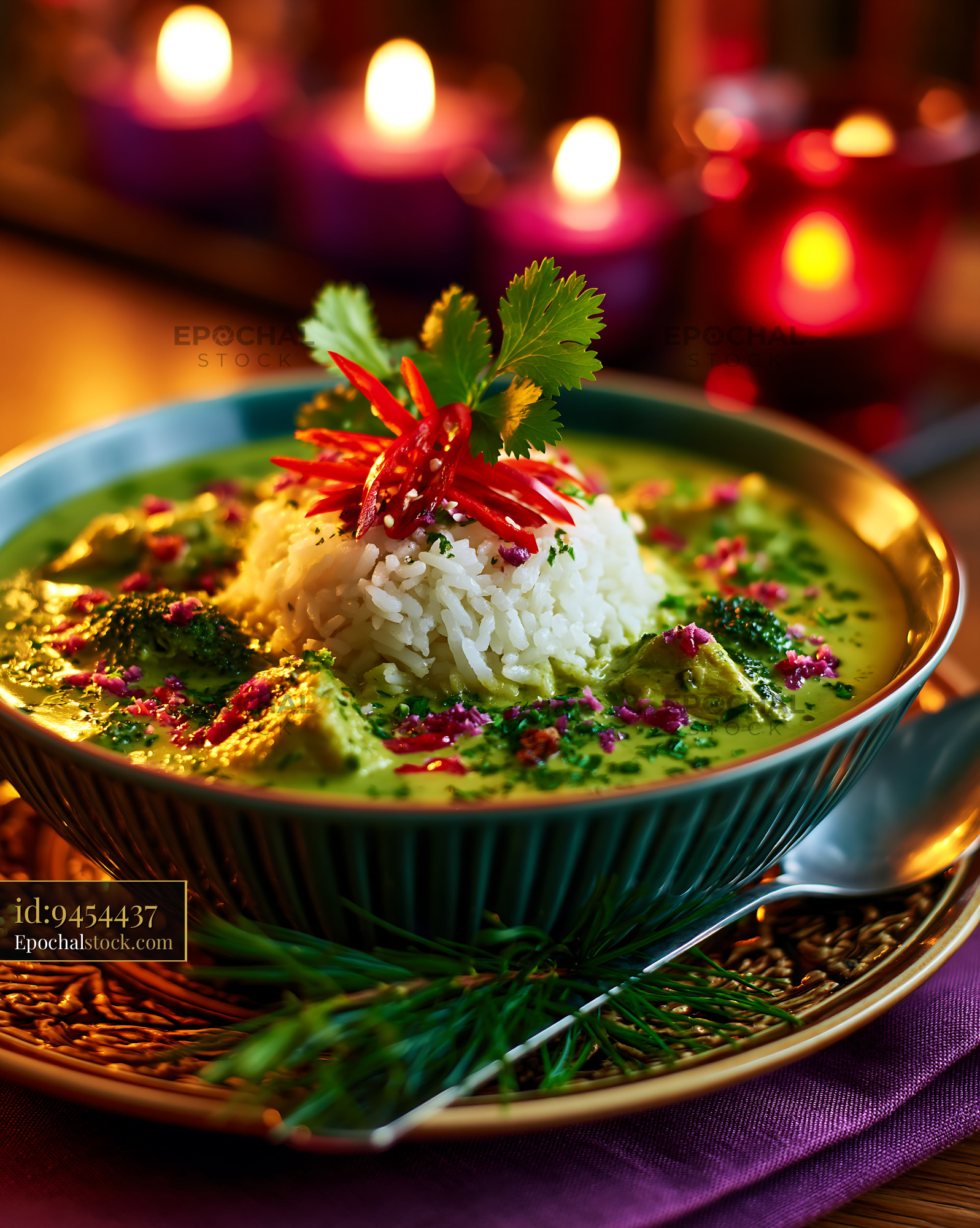 Watermarked full-resolution preview of Colorful rice and green curry bowl with chili garnish