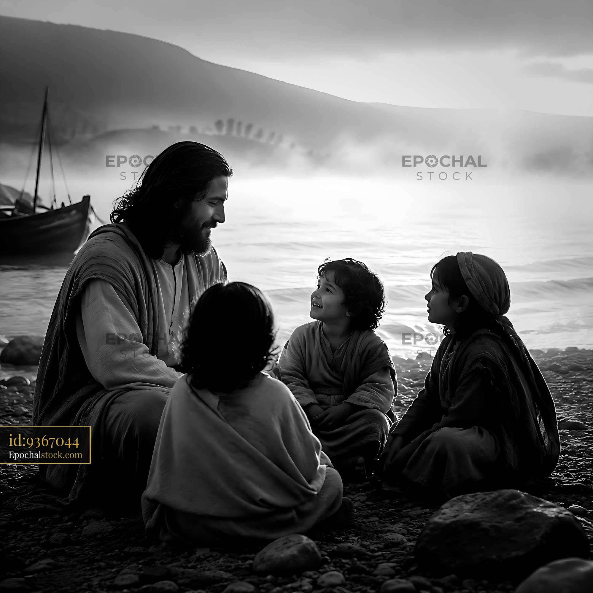 Watermarked full-resolution preview of Children listening to a man by the water at dawn