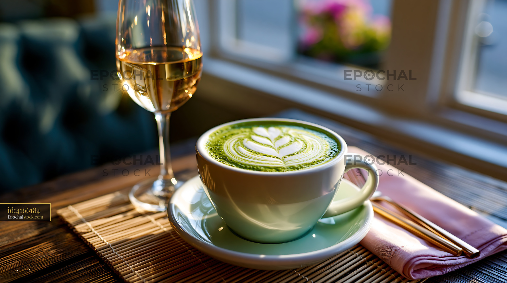 Watermarked full-resolution preview of Matcha latte with foam art beside wine glass