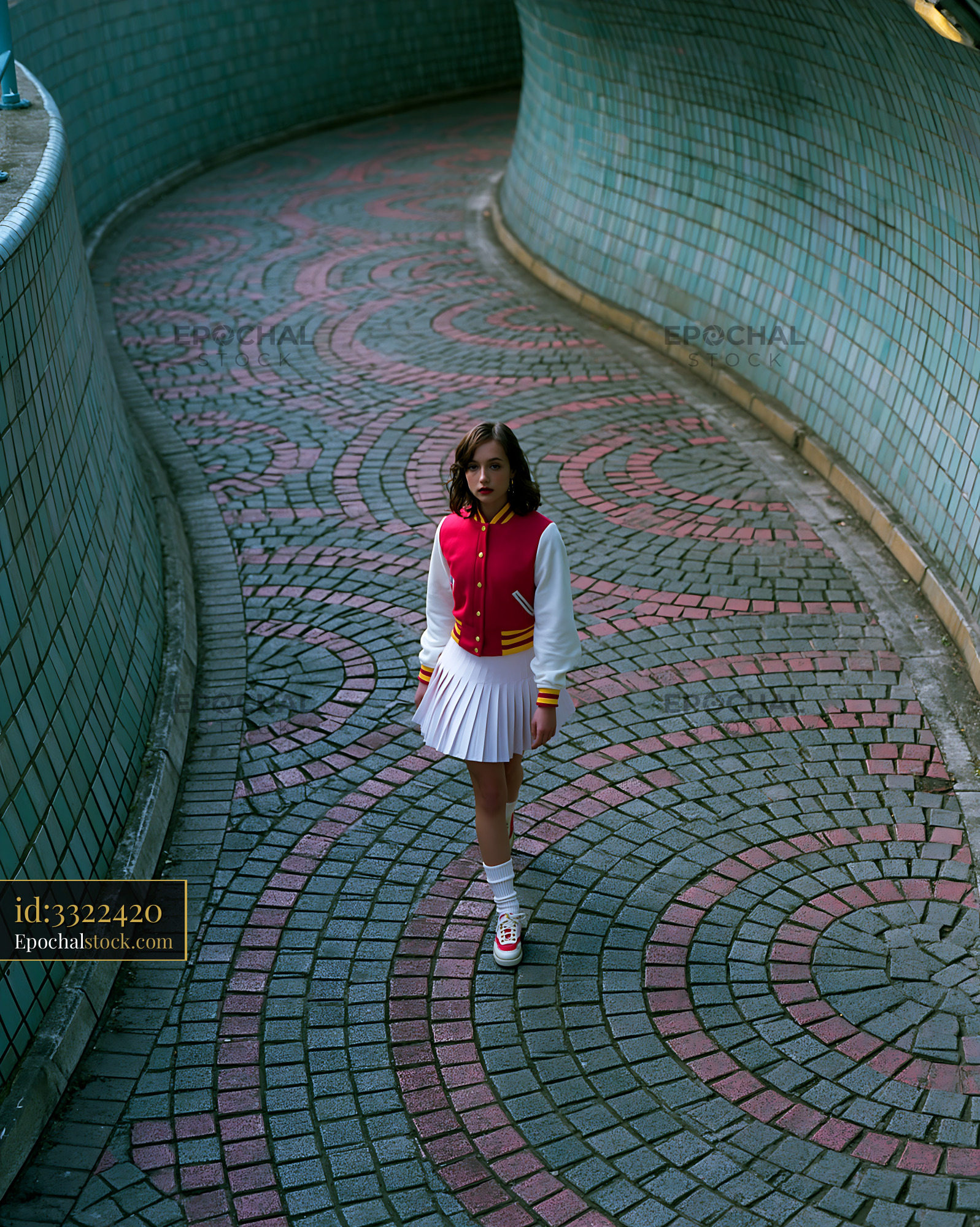 Watermarked full-resolution preview of Young woman walks in a curved brick path with a colorful design
