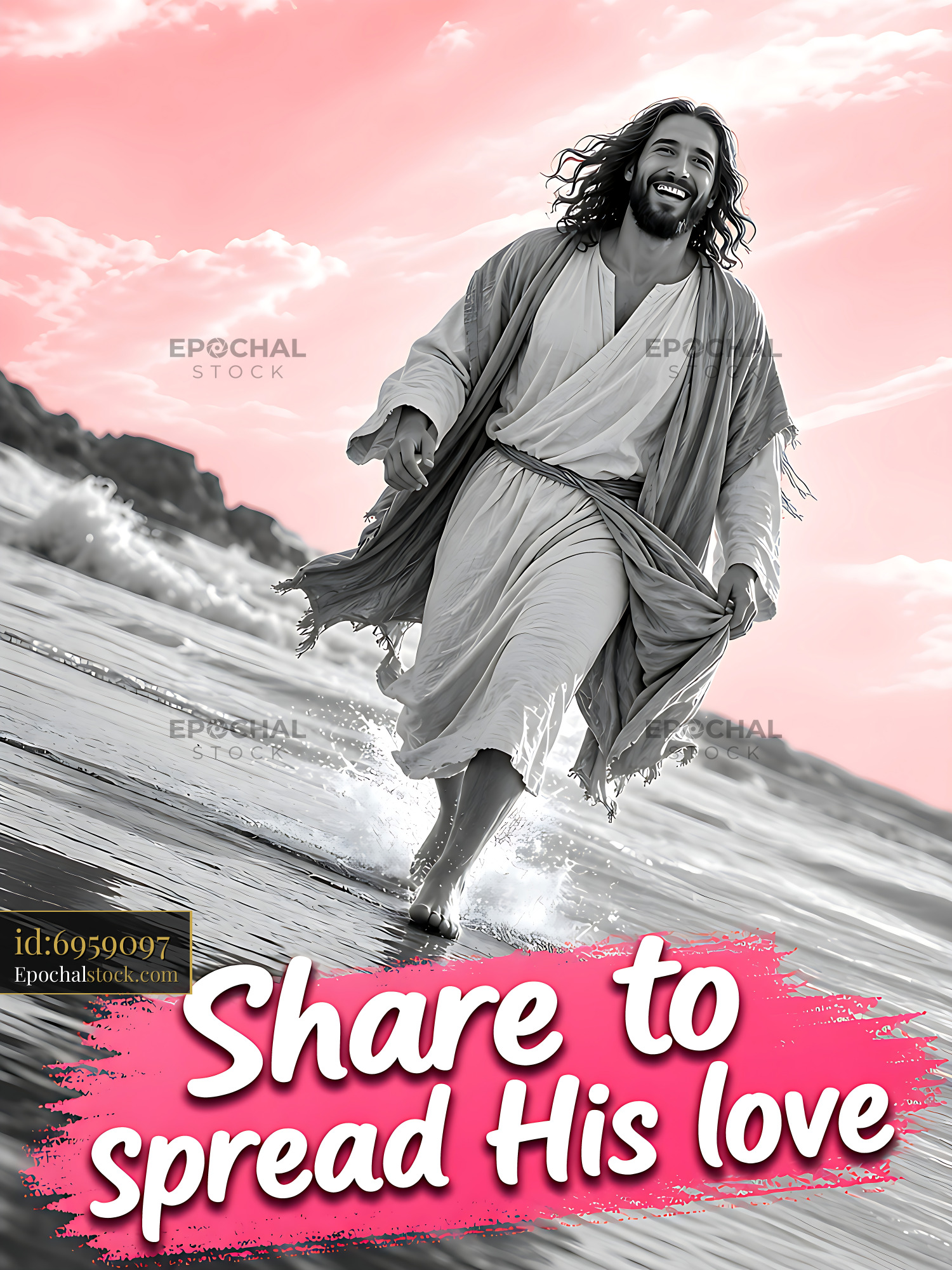 Man Walking on Beach With Joyful Expression and Flowing Garment - stock photo