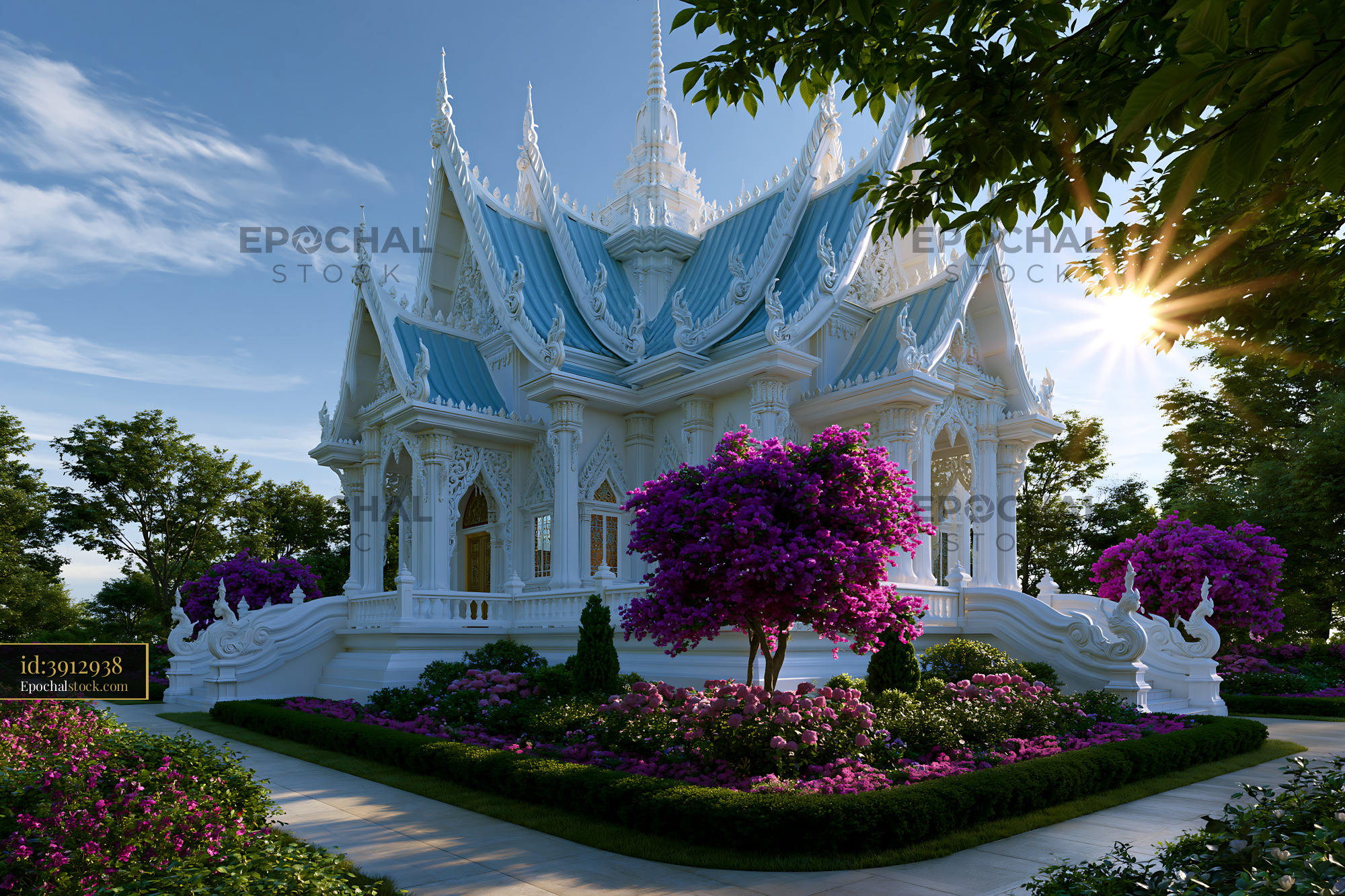 Watermarked full-resolution preview of Ornate white temple in a colorful landscaped garden