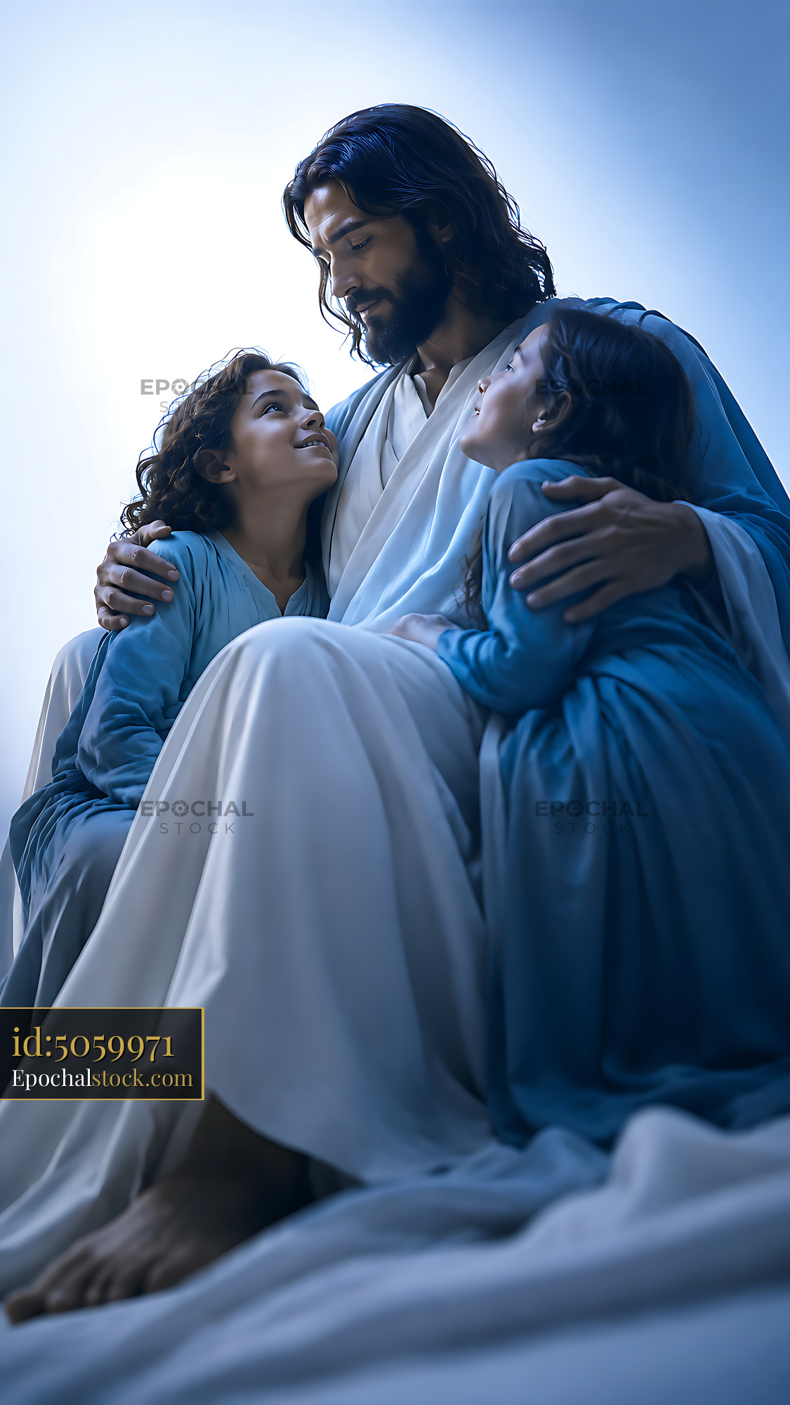 Man Sitting With Two Children Holding Them Close - stock photo