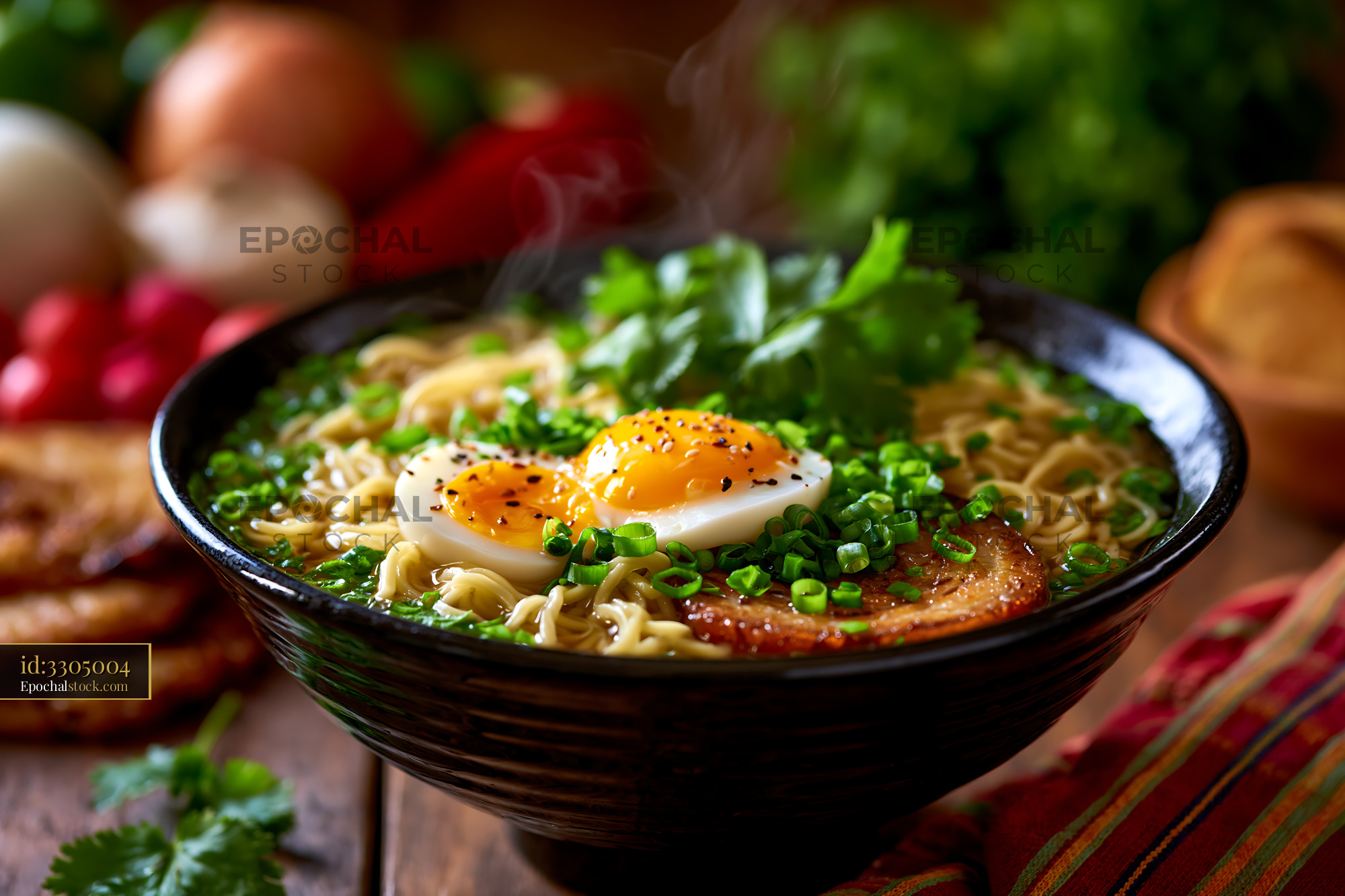 Watermarked full-resolution preview of Hot noodle bowl topped with egg and herbs