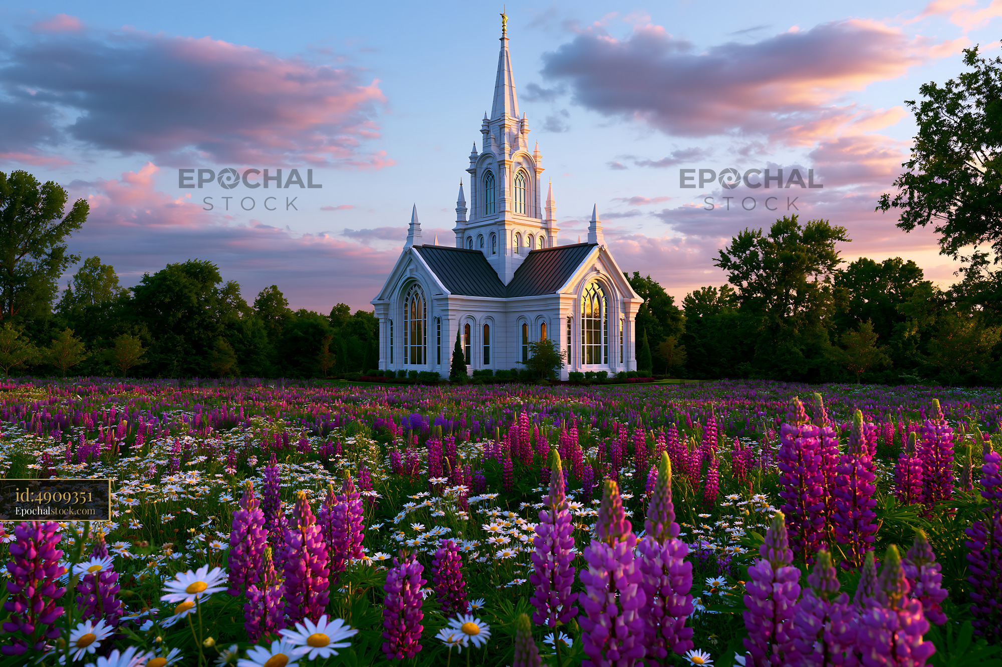 Watermarked full-resolution preview of Flowers surround a church at sunset in a rural area