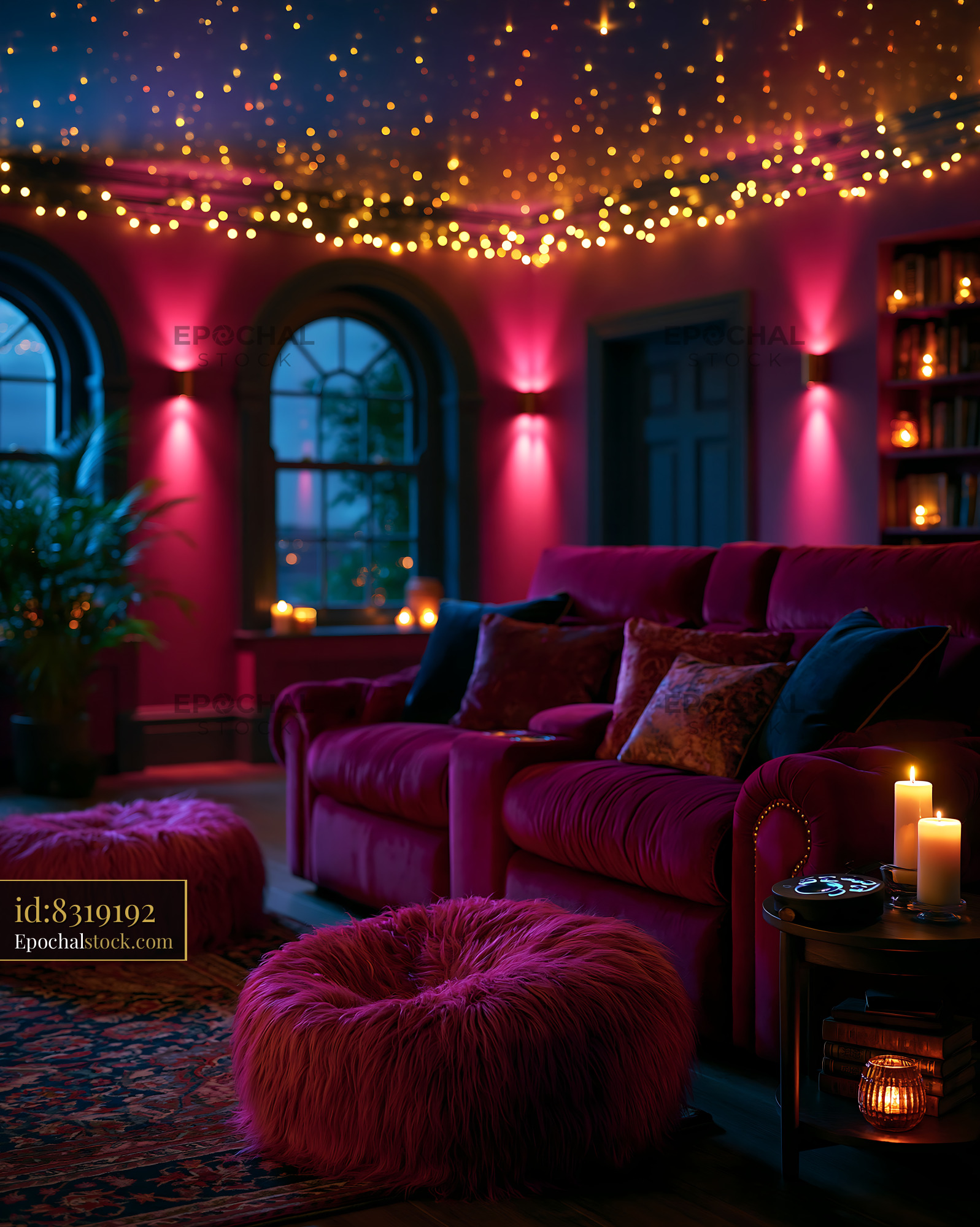 Watermarked full-resolution preview of Cozy living room with vibrant decor and warm lighting