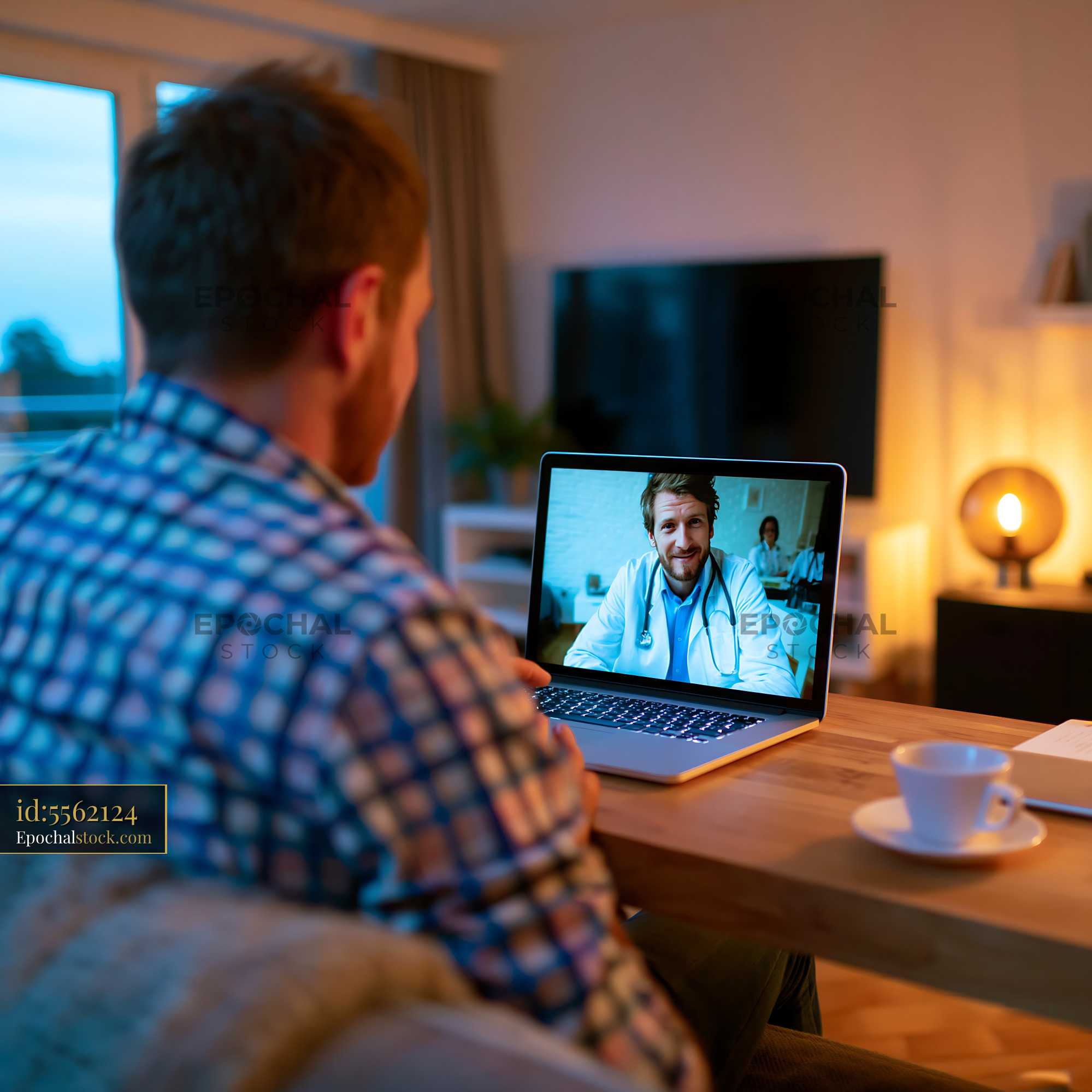 Doctor Telemedicine Consultation at Home in Evening Light - stock photo