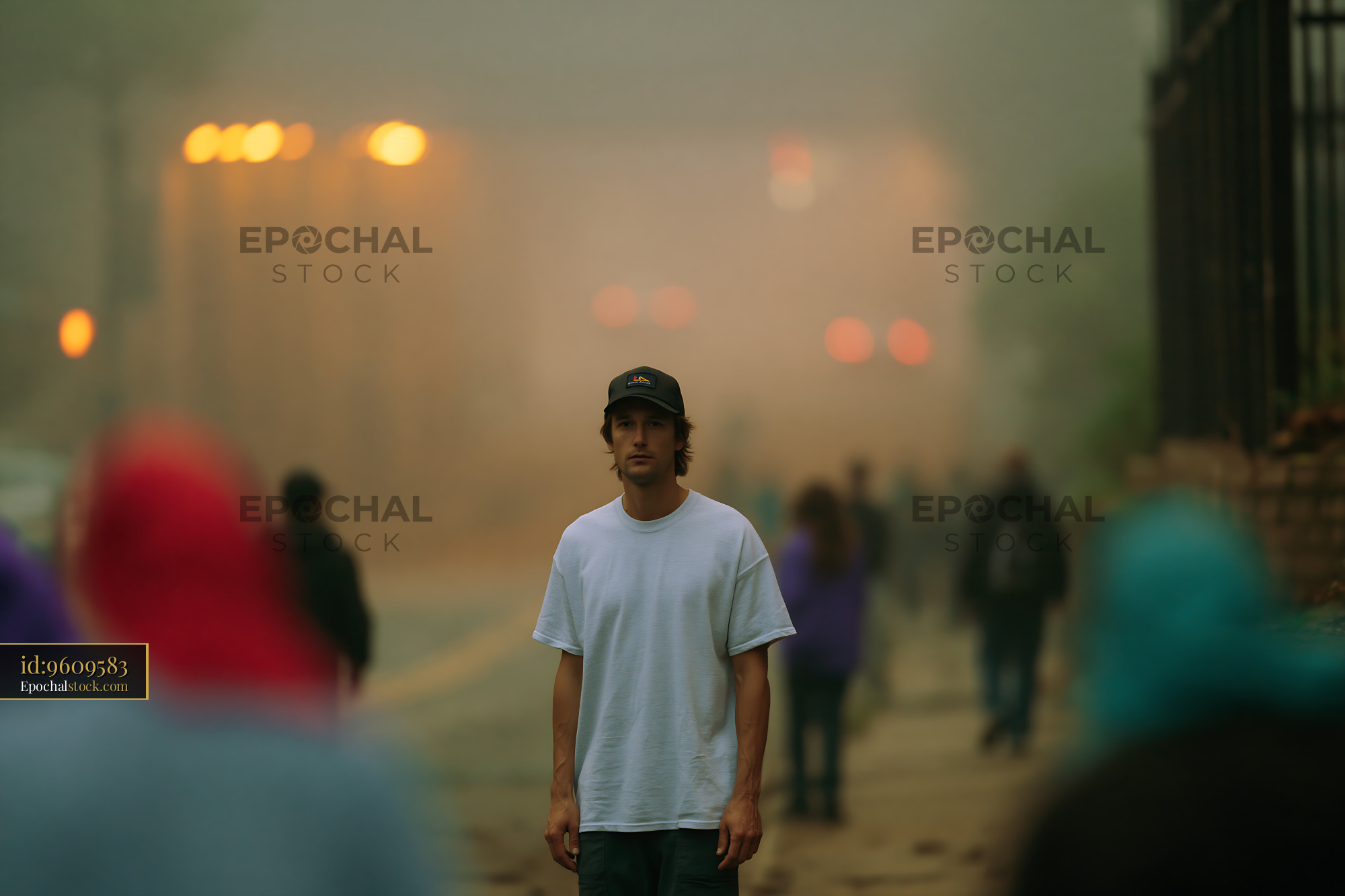 Watermarked full-resolution preview of Man standing on a street surrounded by fog and people