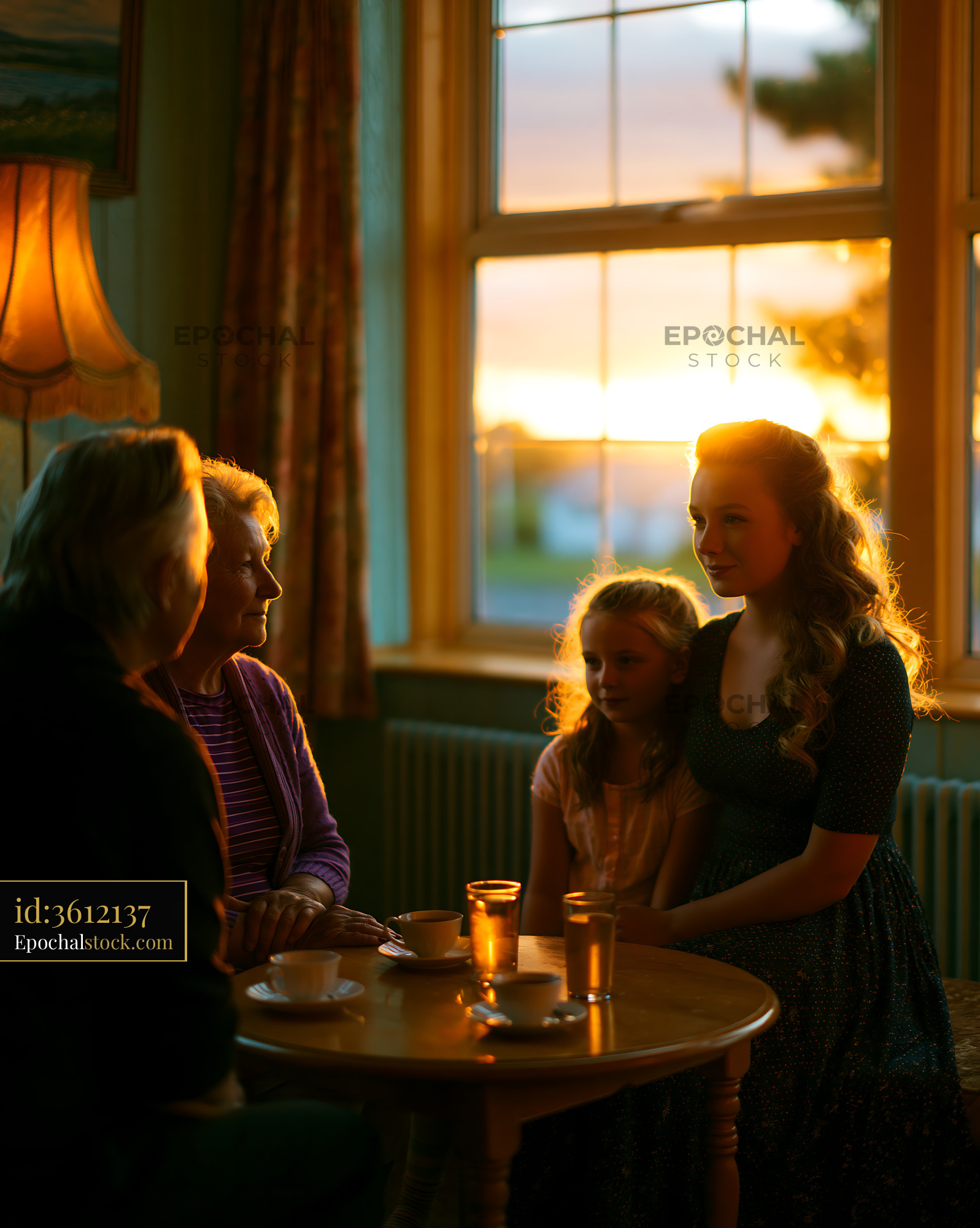 Watermarked full-resolution preview of Four people sharing a warm family moment indoors