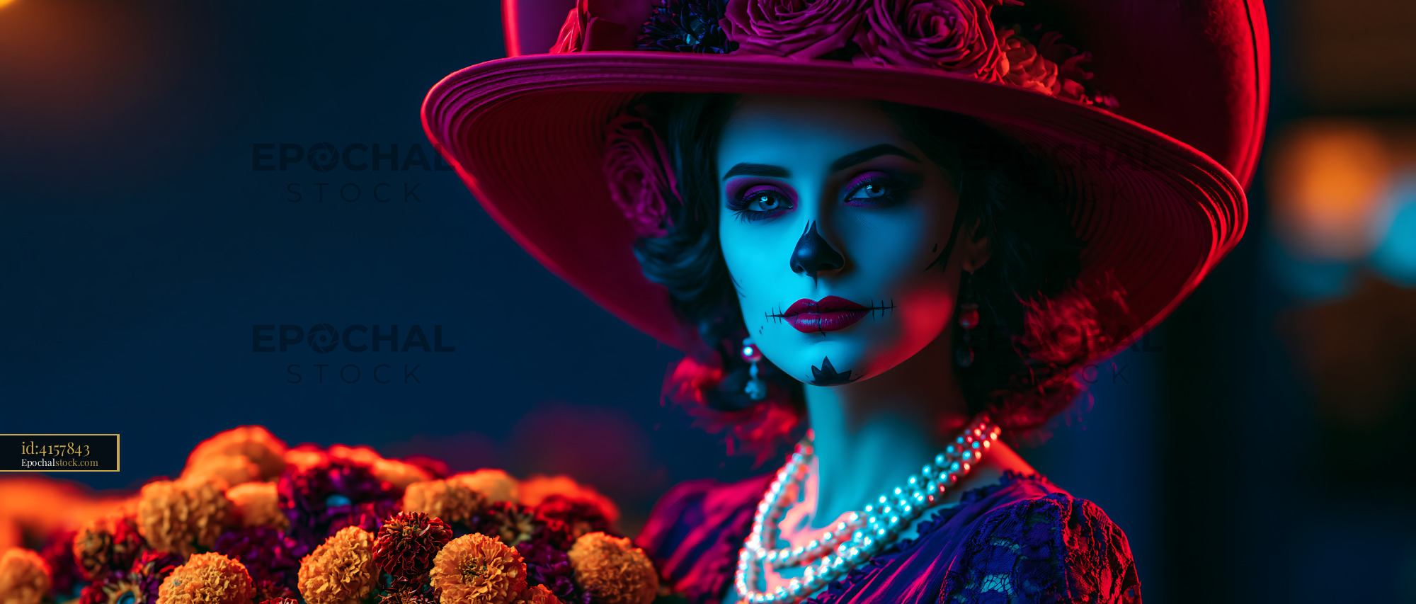 Watermarked full-resolution preview of Dramatic woman portrait with flowers and wide-brimmed hat