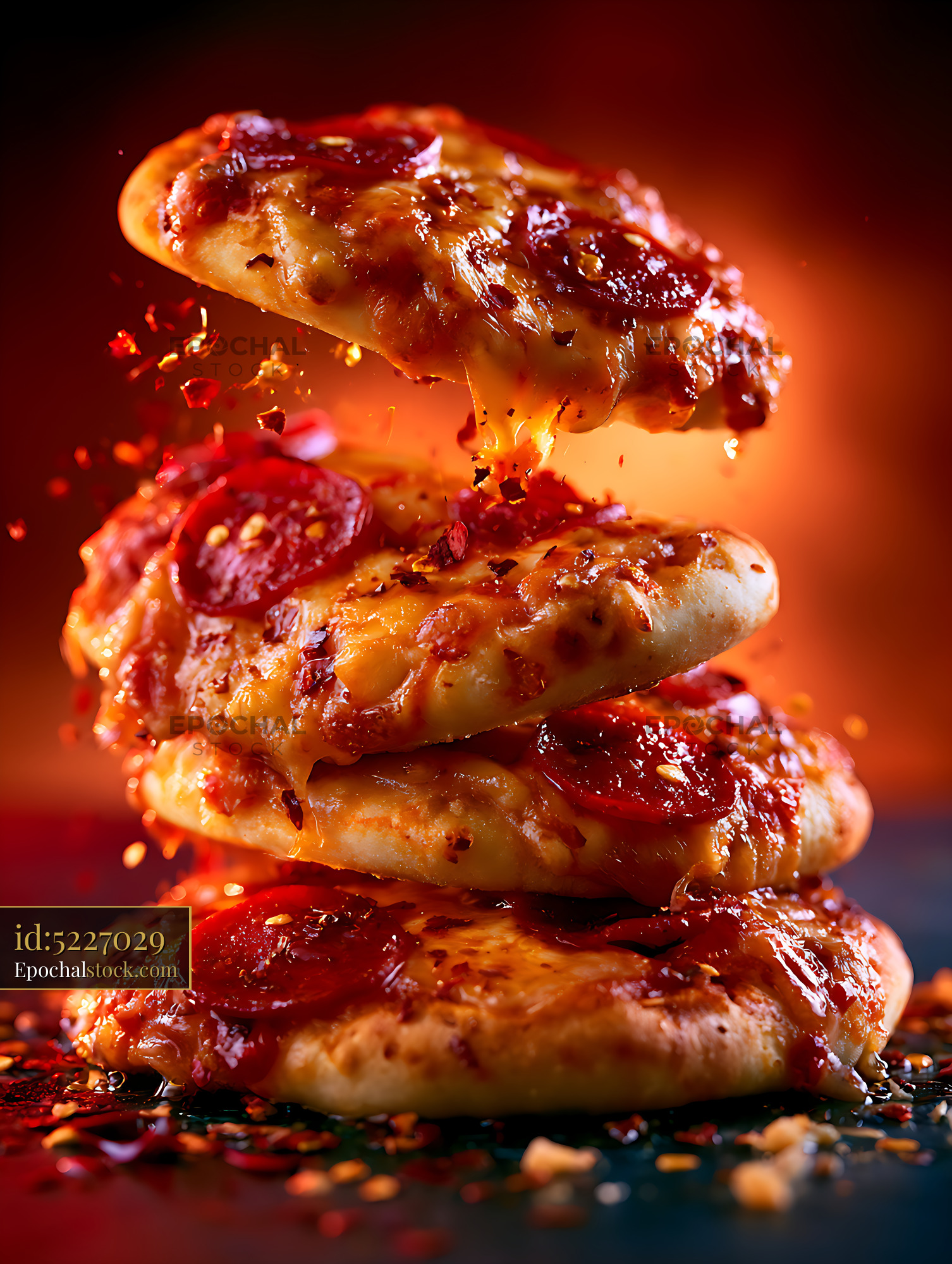 Watermarked full-resolution preview of Close-Up Stack of Pepperoni Pizza With Melted Cheese