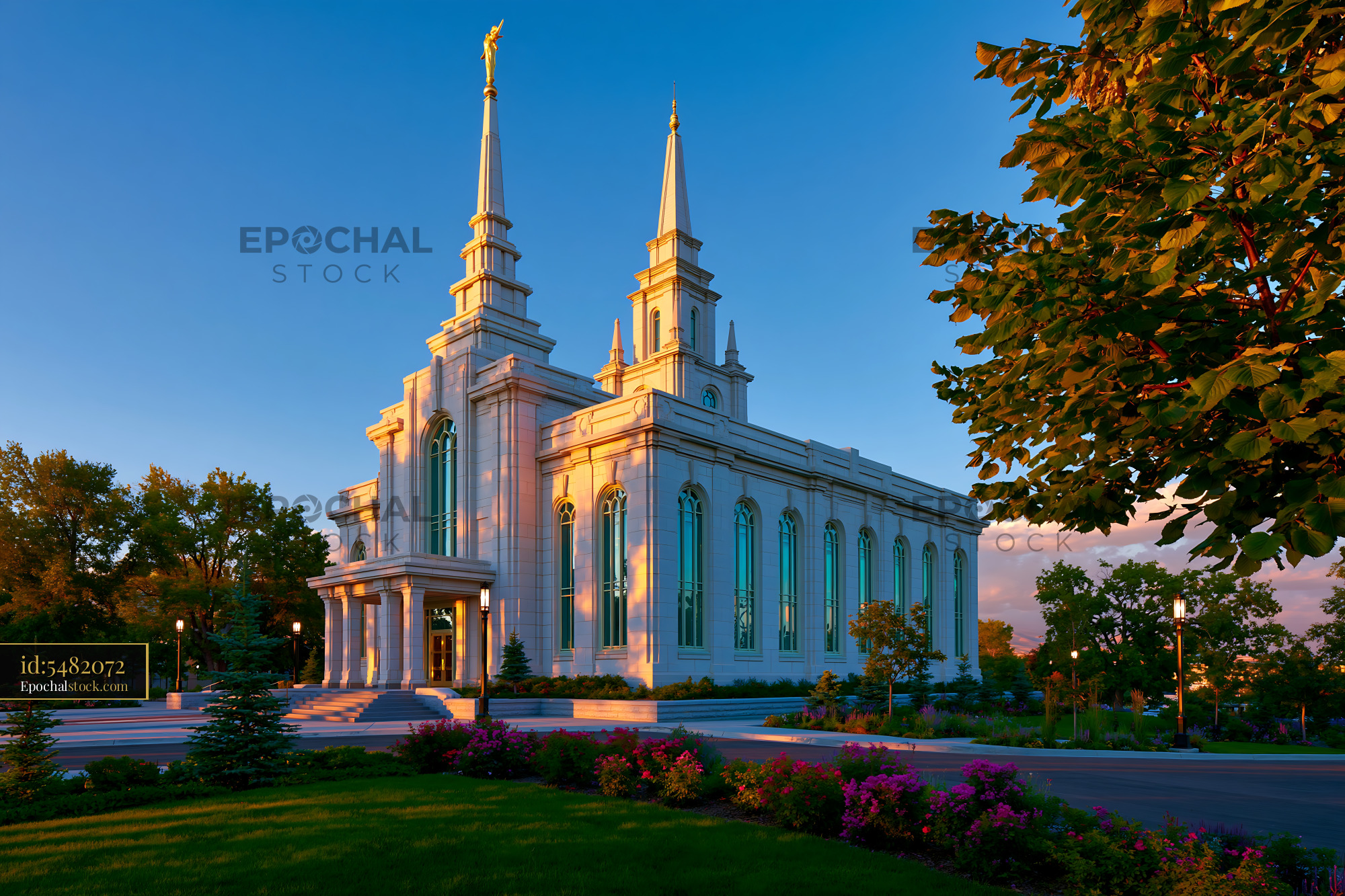 Billi Church in Soft Light With Flowers and Trees - stock photo