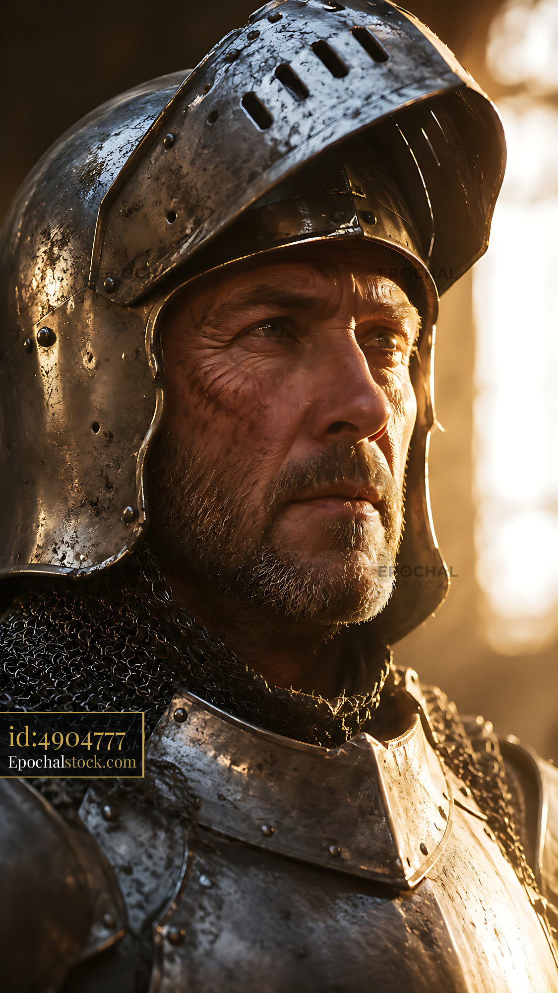 Watermarked full-resolution preview of Knight in armor with chainmail under warm sunlight