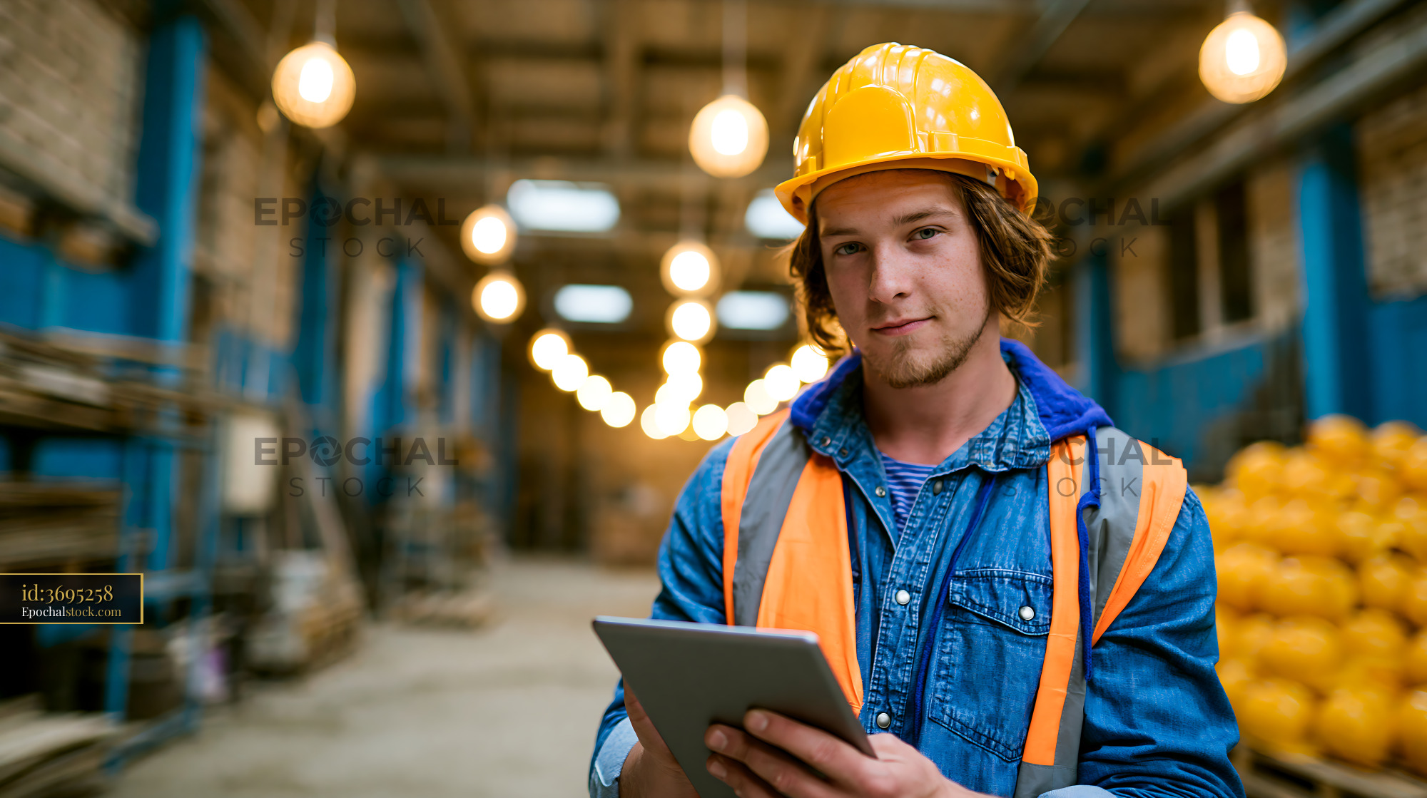 Watermarked full-resolution preview of Construction worker using a tablet in a warehouse setting