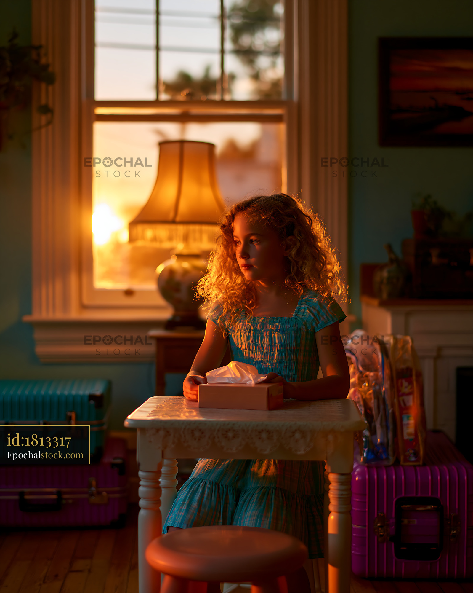 Watermarked full-resolution preview of Girl sitting at a table in a room with sunset light