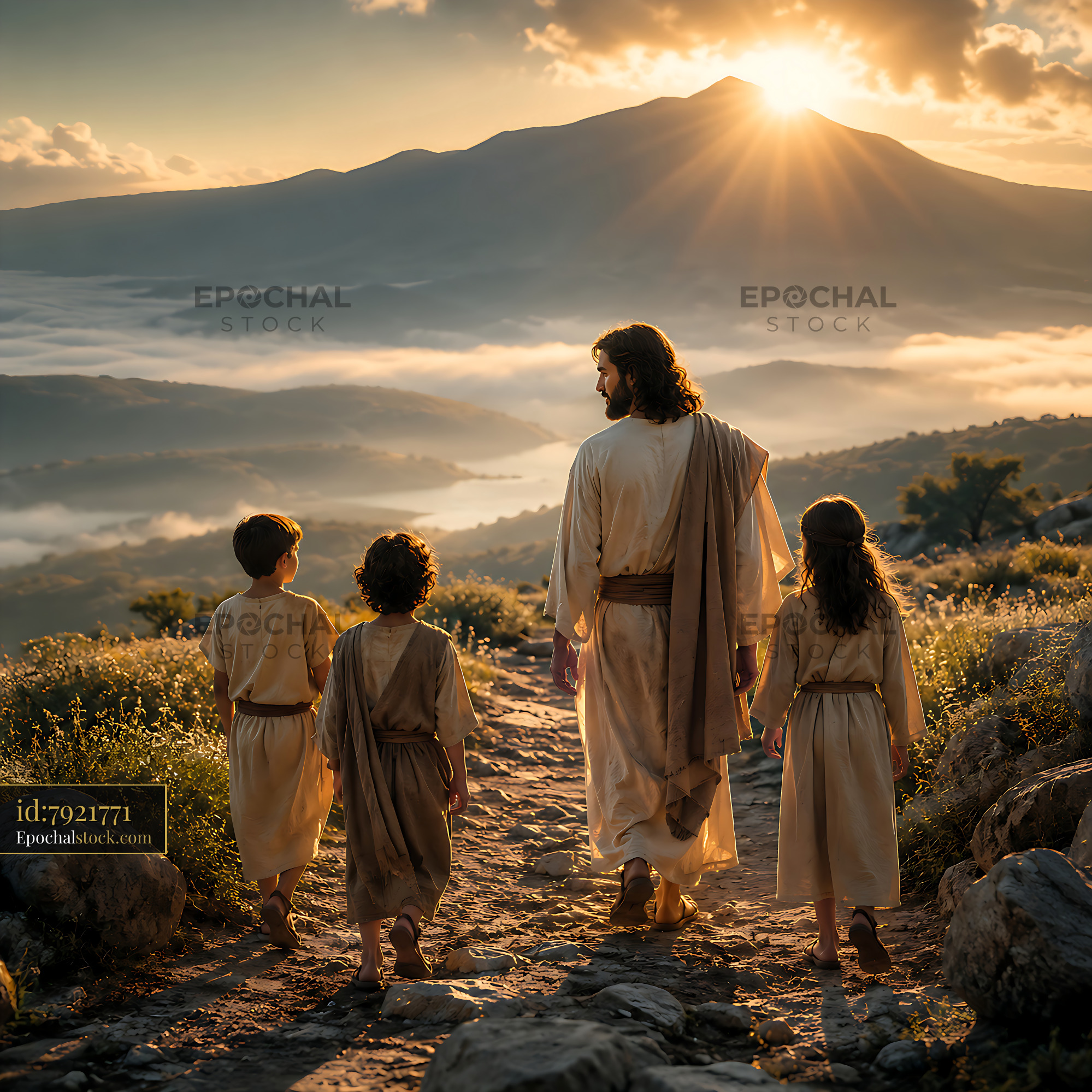 Watermarked full-resolution preview of Walking on a mountain path during sunrise with children