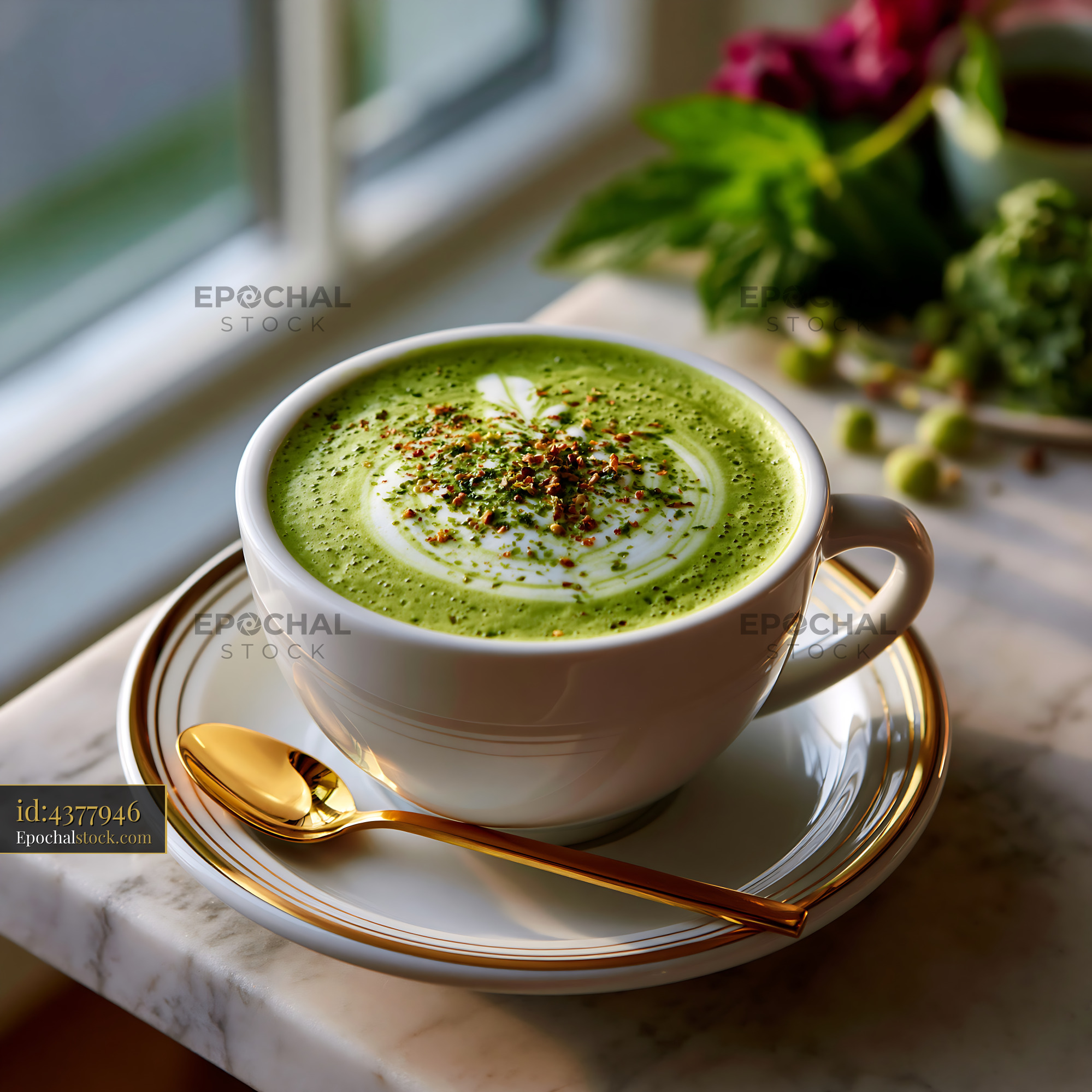 Watermarked full-resolution preview of Matcha latte served in a white cup by a sunny window