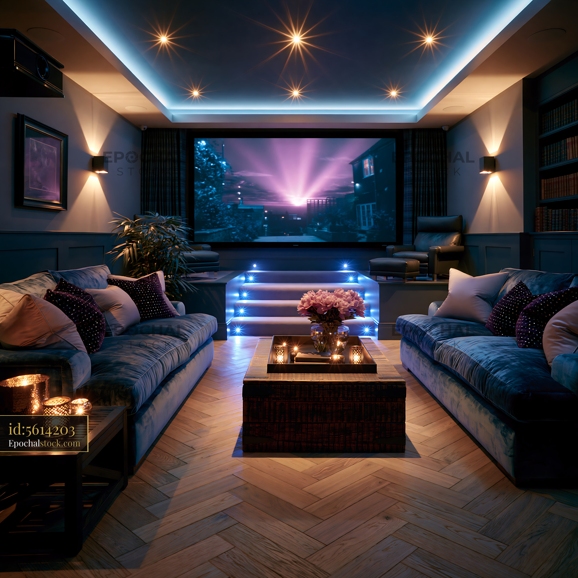 Basement Screening Room With Cozy Seating and Soft Lighting - stock photo