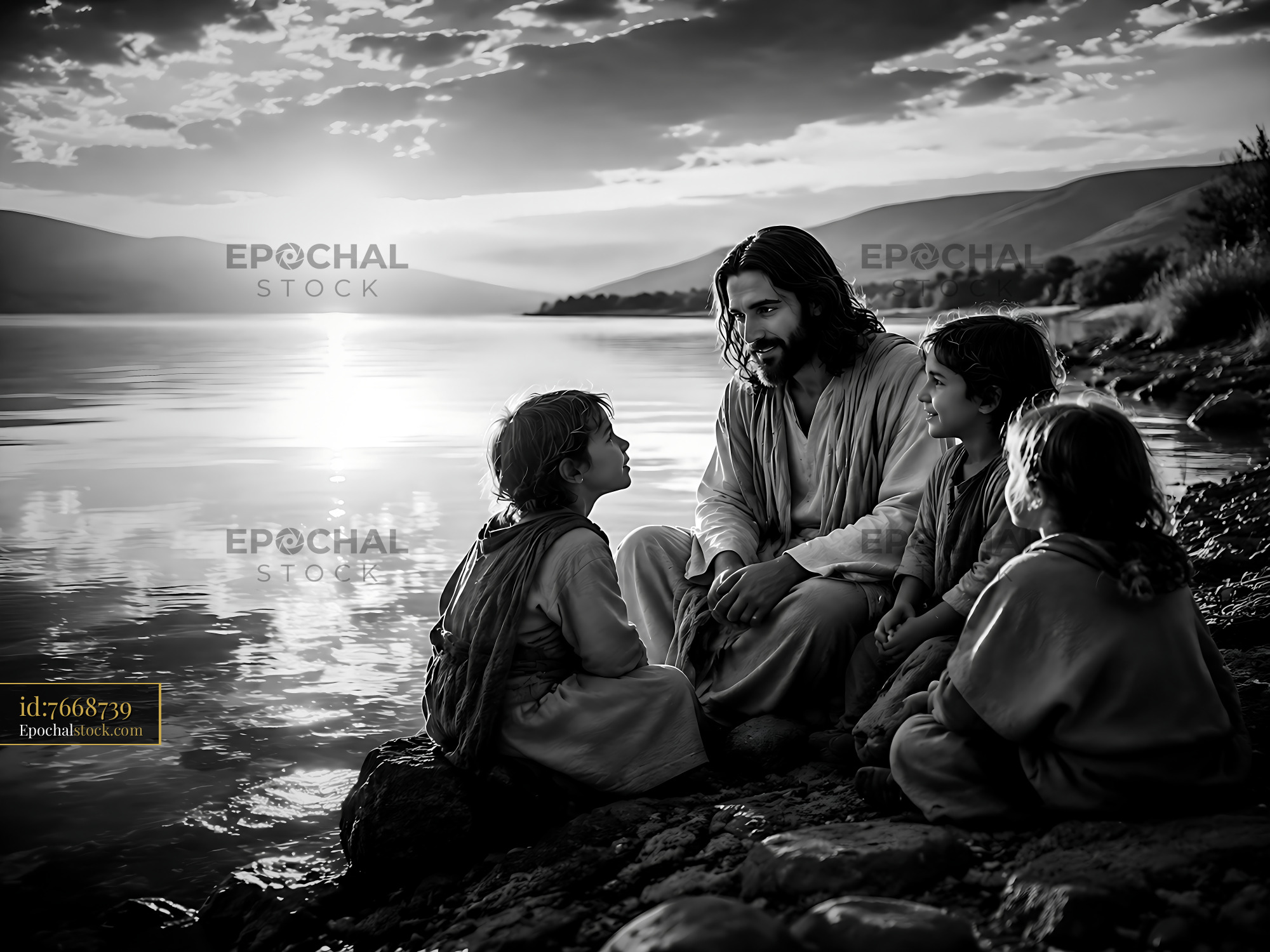 Watermarked full-resolution preview of Jesus teaching children by the water at sunset