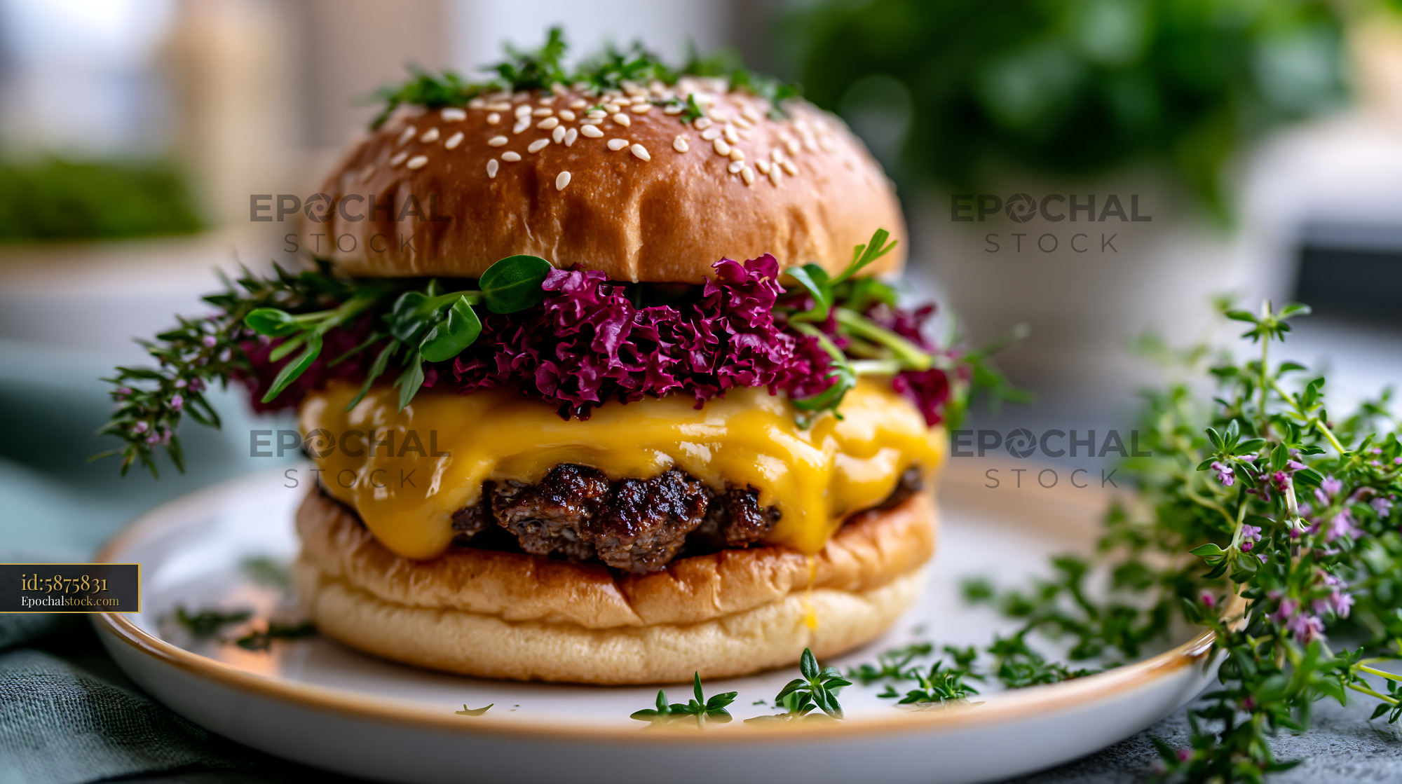 Watermarked full-resolution preview of Delicious burger with cheese and fresh greens on a plate