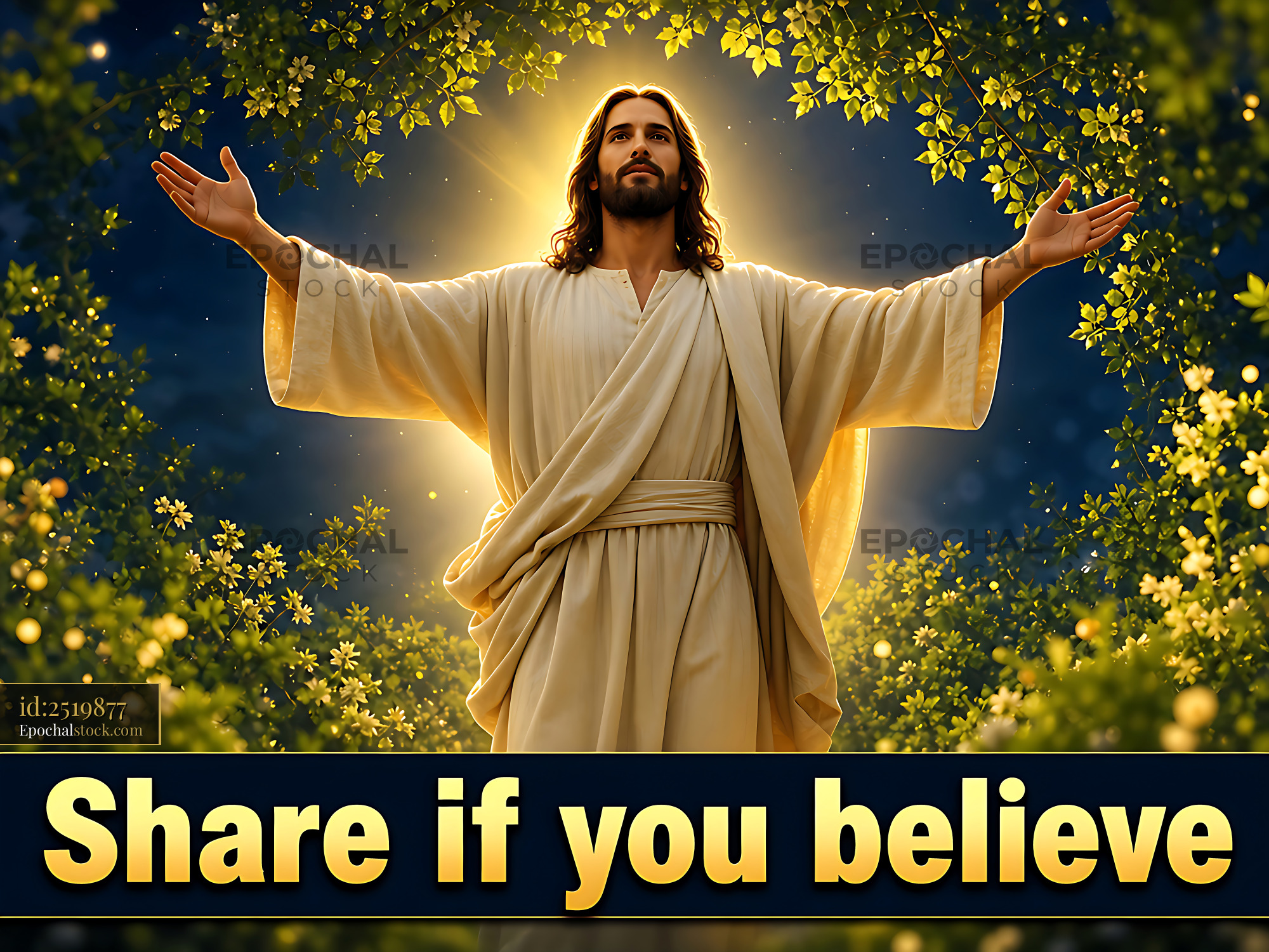 Watermarked full-resolution preview of Man in white robe with outstretched arms surrounded by foliage