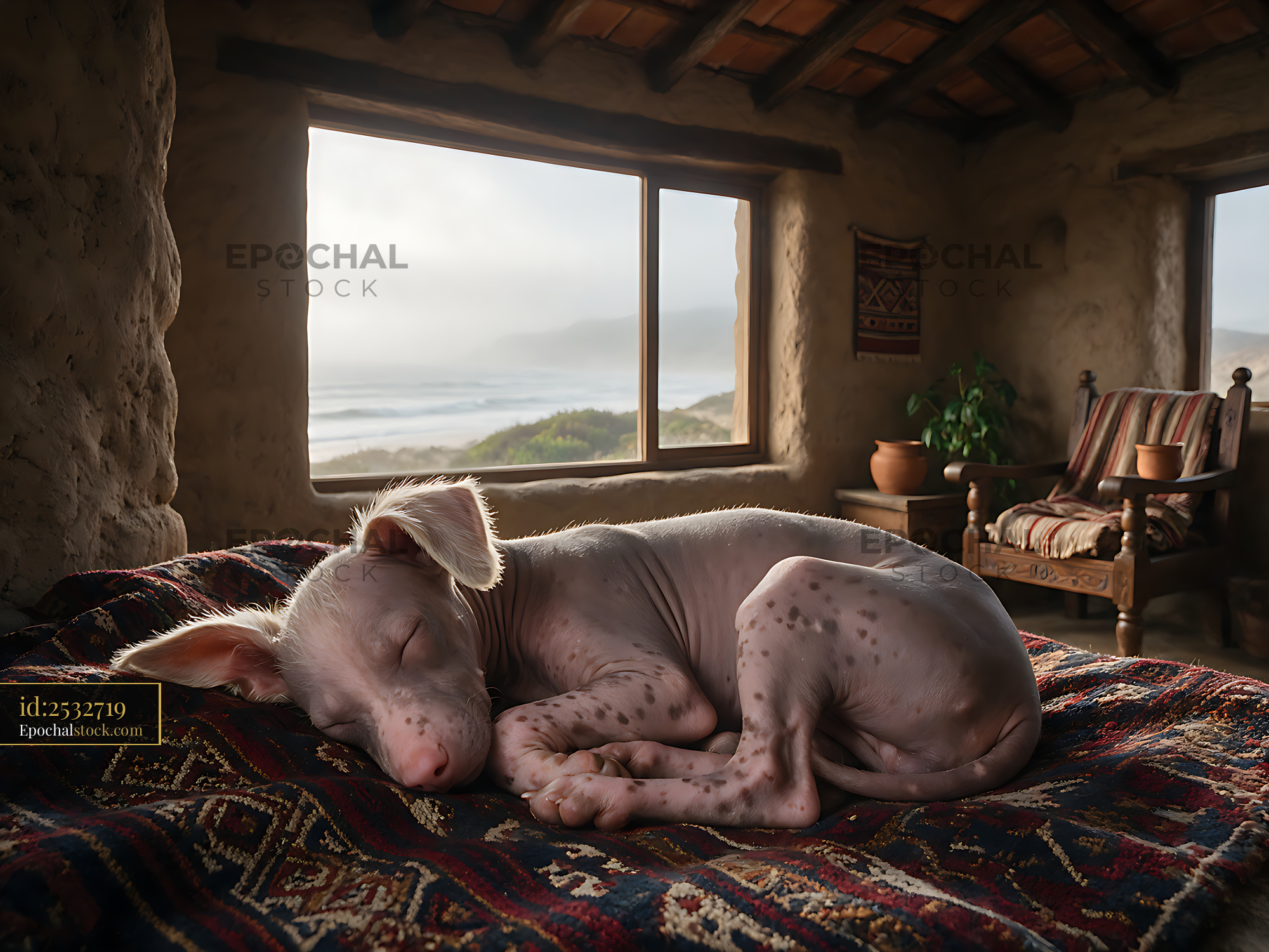 Watermarked full-resolution preview of Hairless spotted puppy asleep in a rustic room