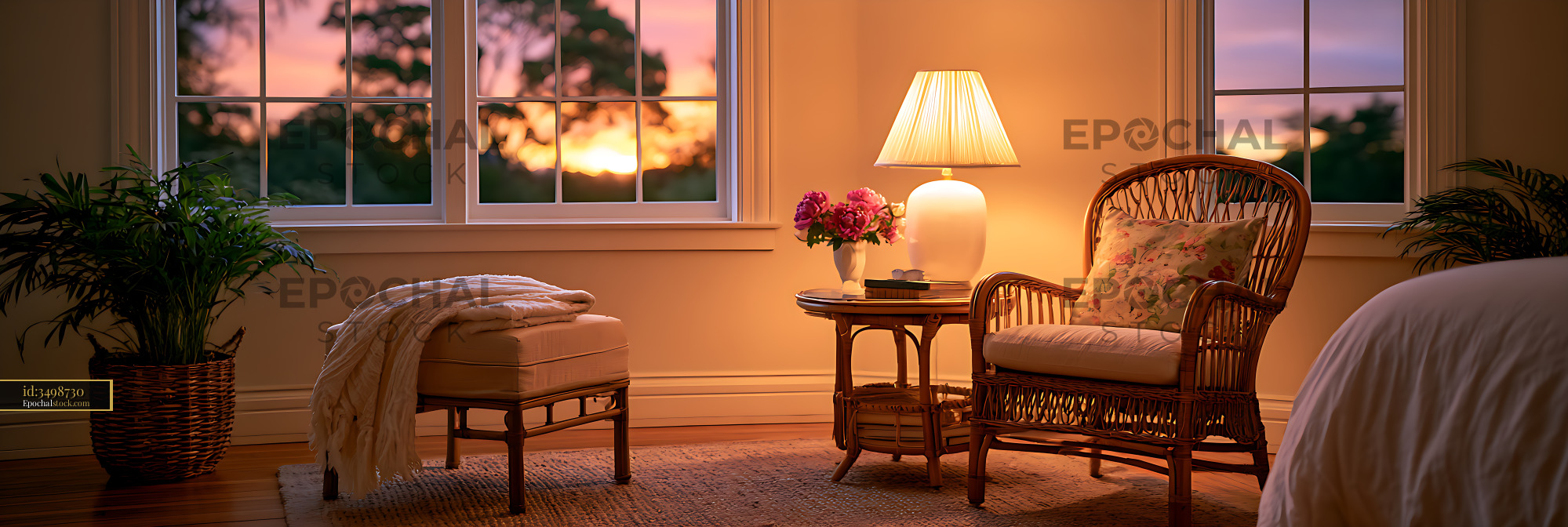 Watermarked full-resolution preview of Warm bedroom interior with wicker seating and sunset view