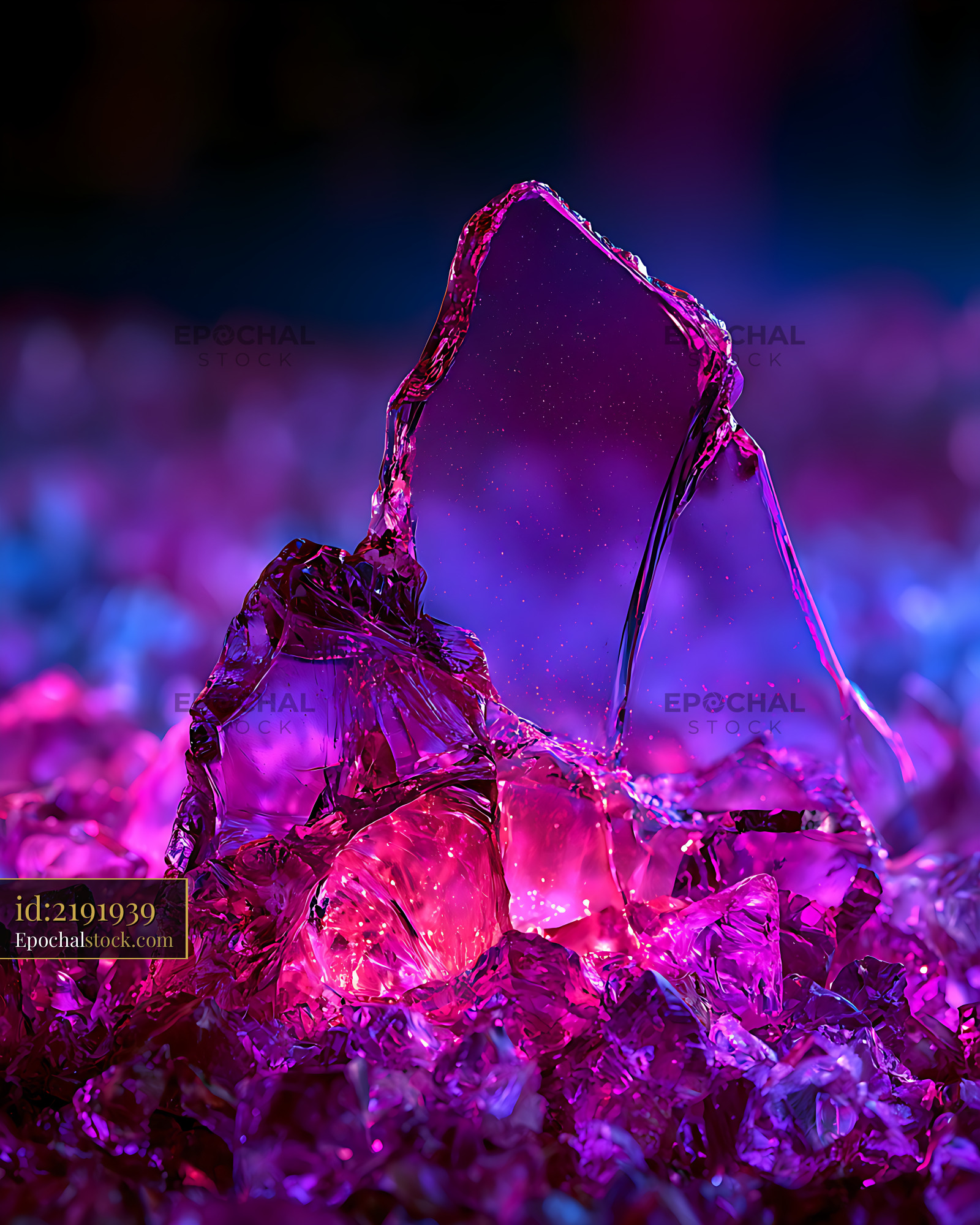 Watermarked full-resolution preview of Glowing purple crystal surrounded by colorful fragments