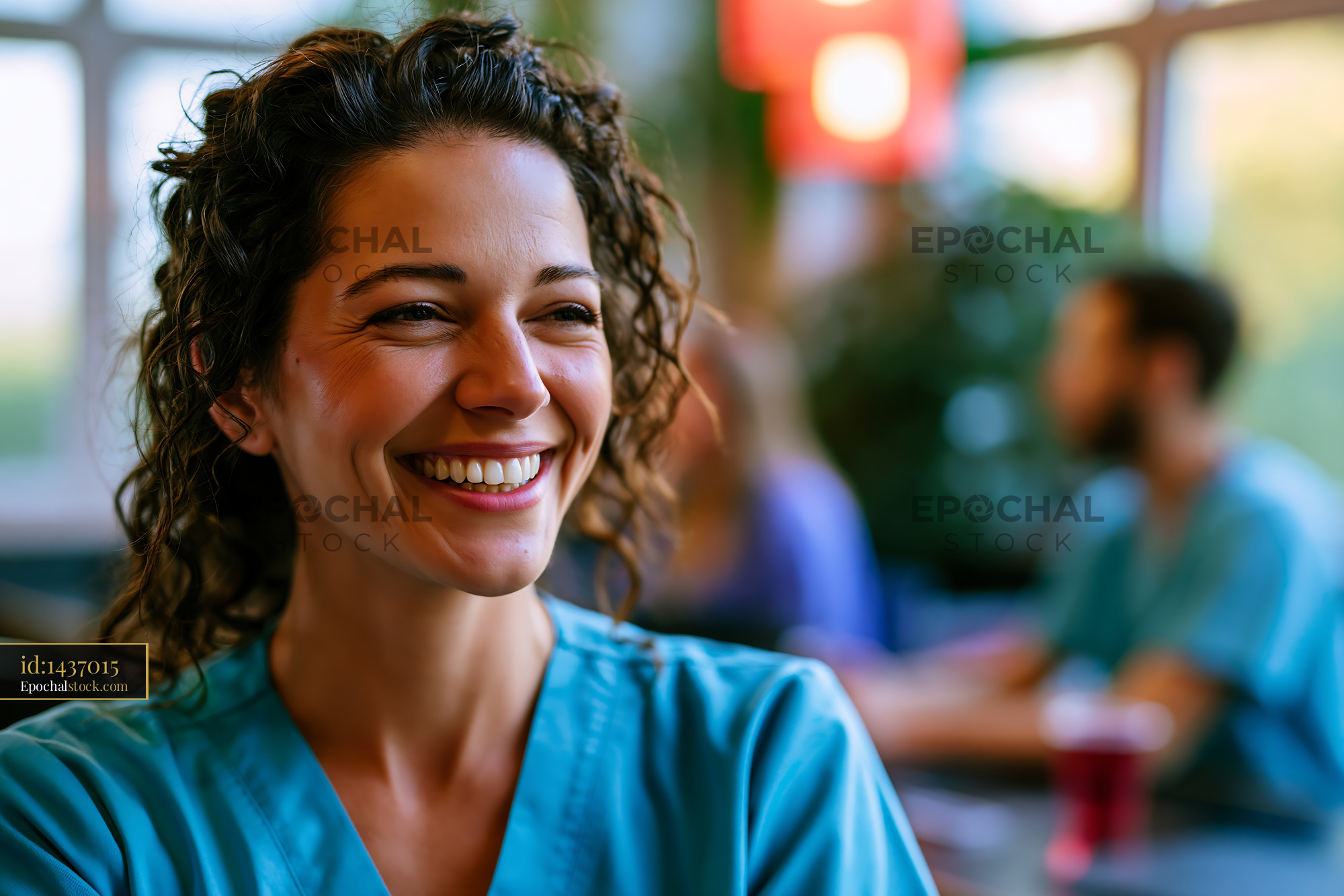 Watermarked full-resolution preview of Joyful woman with curly hair in café setting