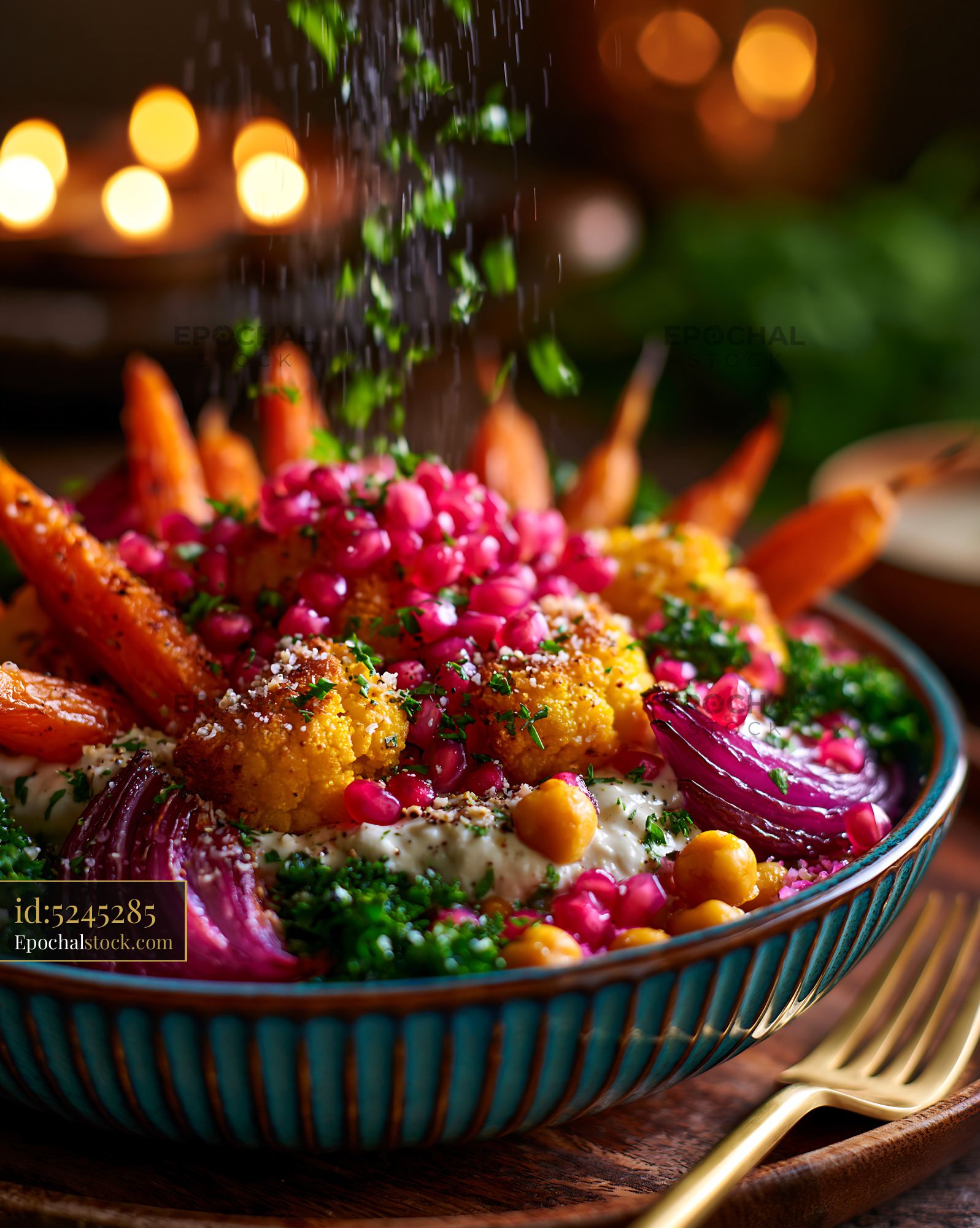 Watermarked full-resolution preview of Colorful vegetable bowl with spices being sprinkled