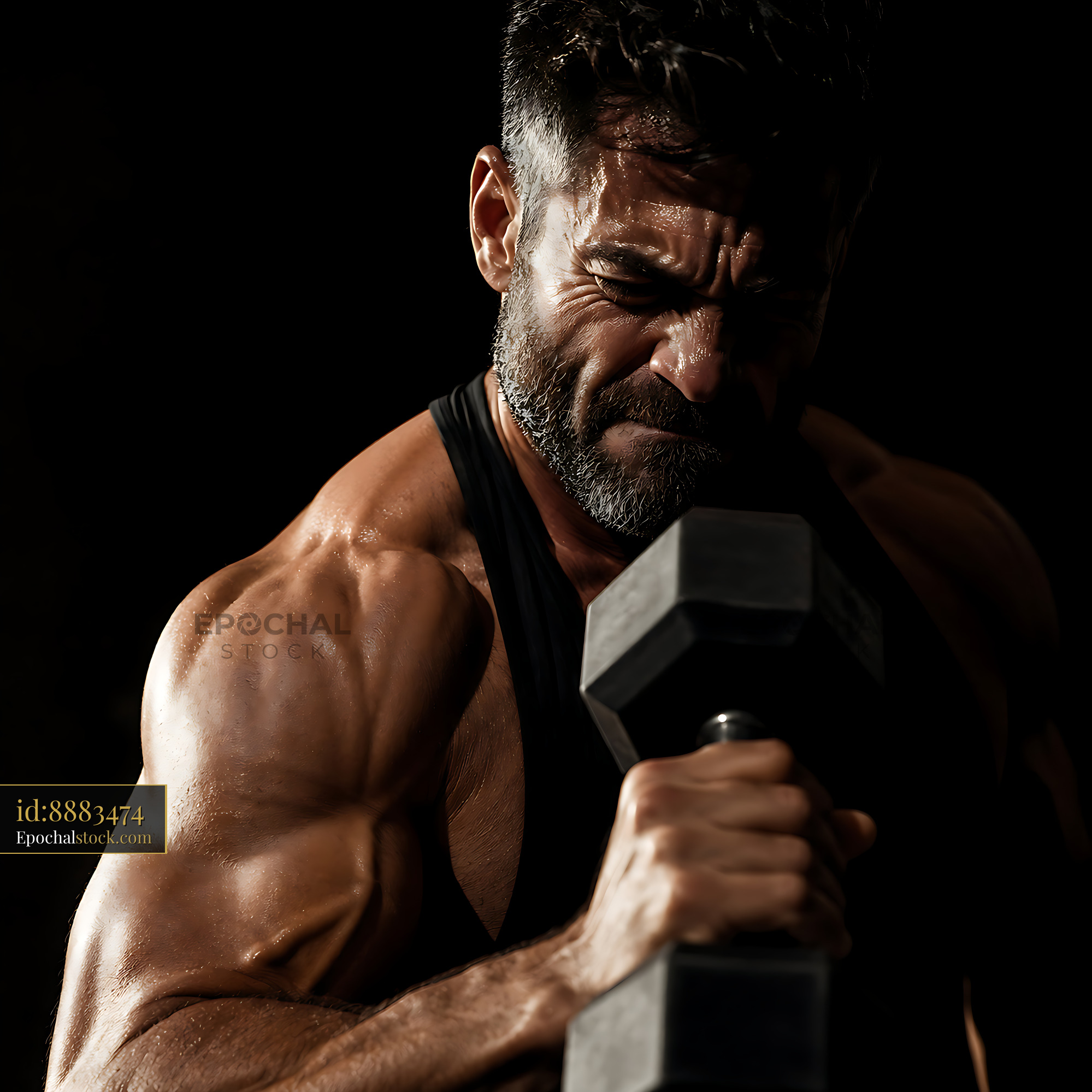 Watermarked full-resolution preview of Man lifting dumbbell in dark gym setting