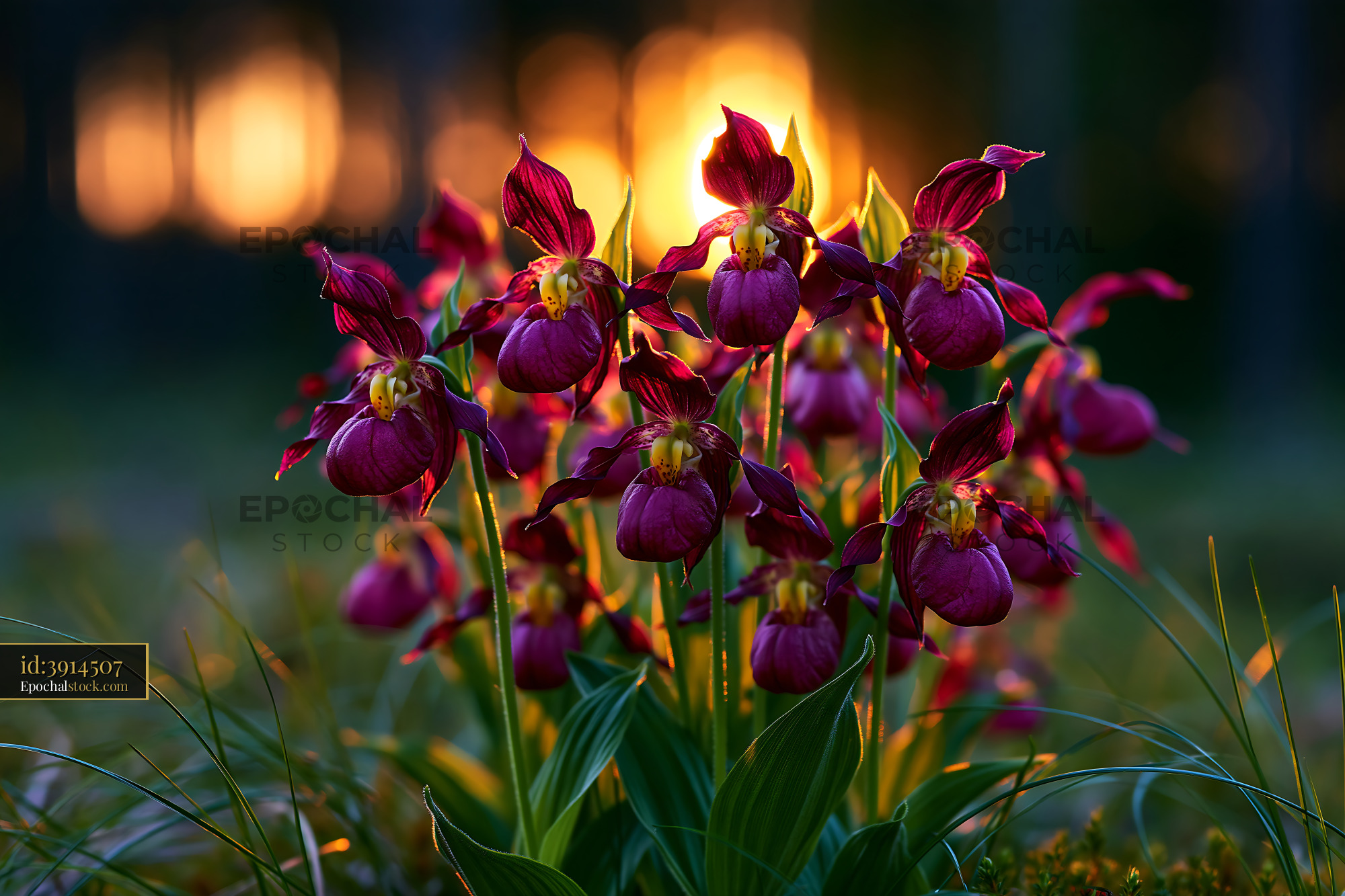 Watermarked full-resolution preview of Orchids bloom at sunset in a forest clearing