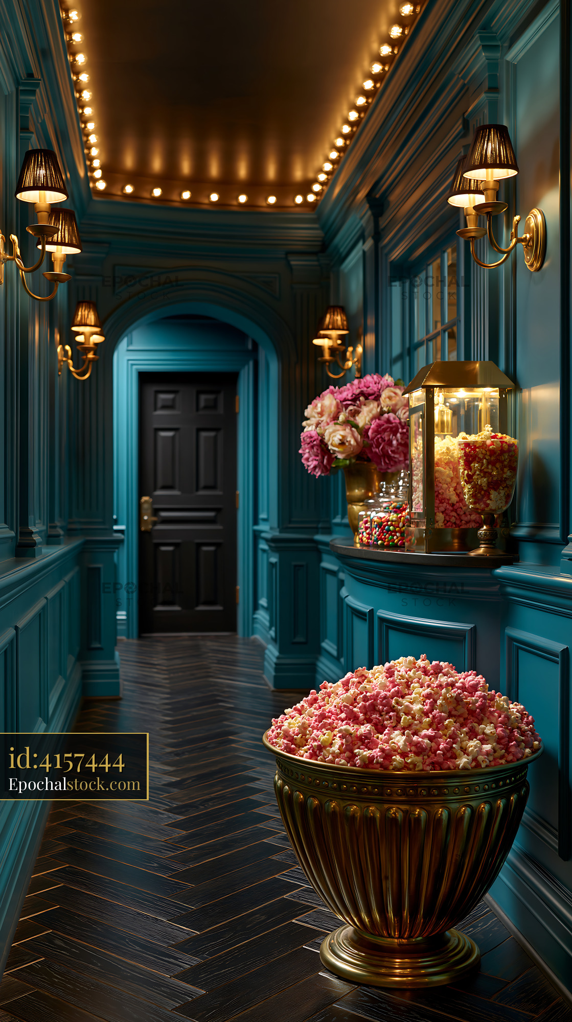 Watermarked full-resolution preview of Colorful hallway with popcorn display and decorative lights