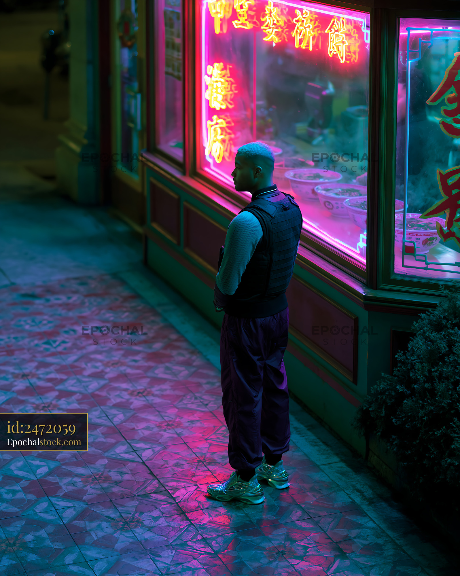 Watermarked full-resolution preview of Night scene of a man standing outside a shop with neon lights