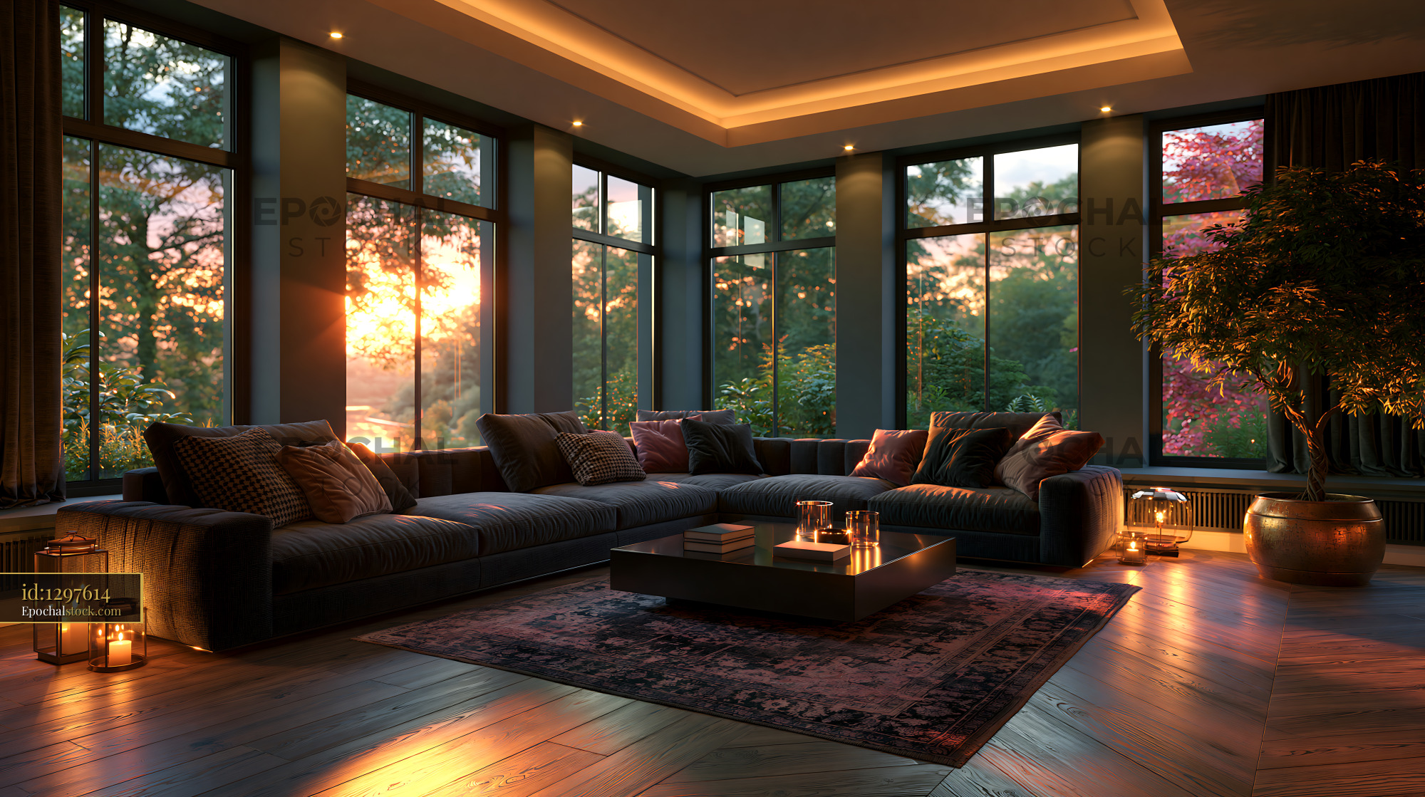 Watermarked full-resolution preview of Modern living room glowing in warm sunset light