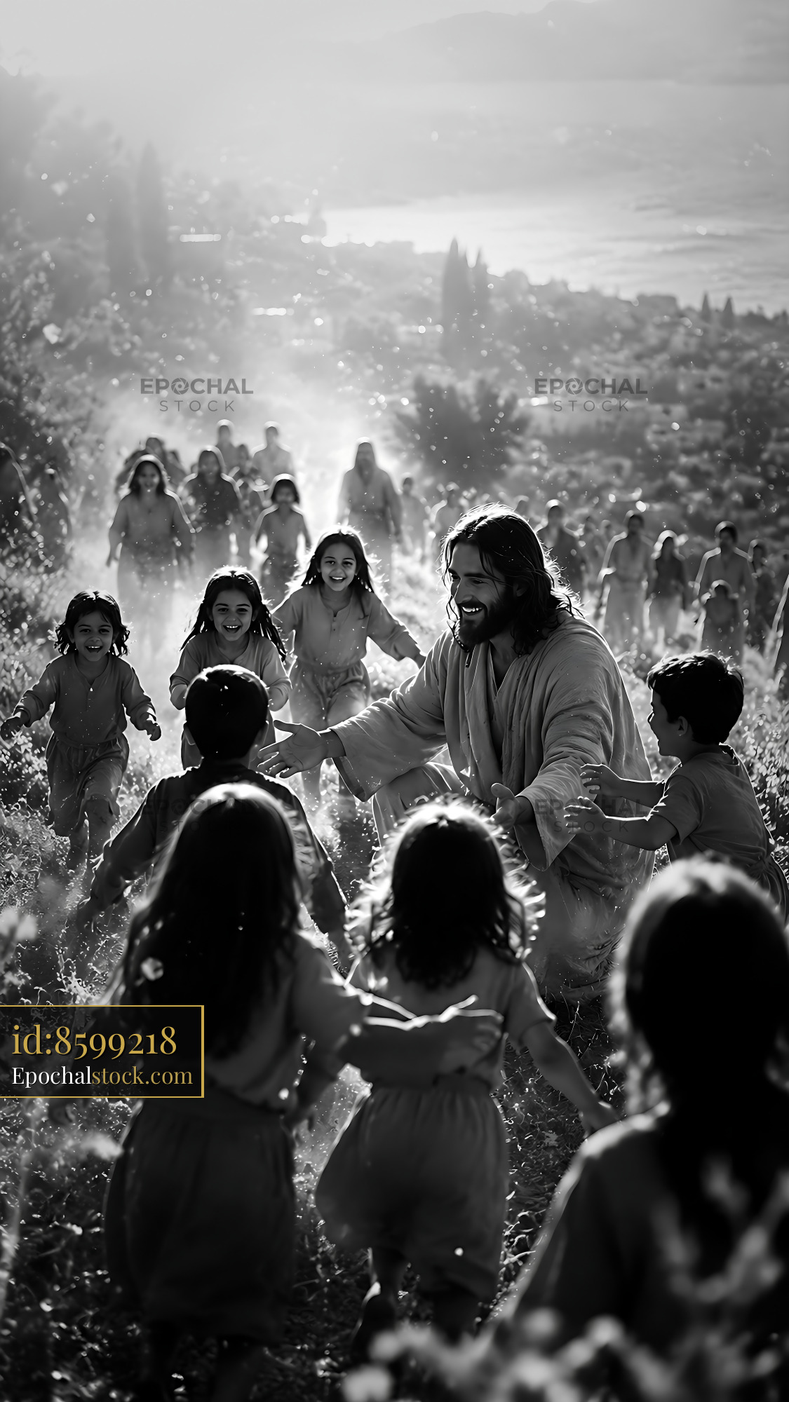 Jesus Engages With Children in a Field Under Bright Light - stock photo