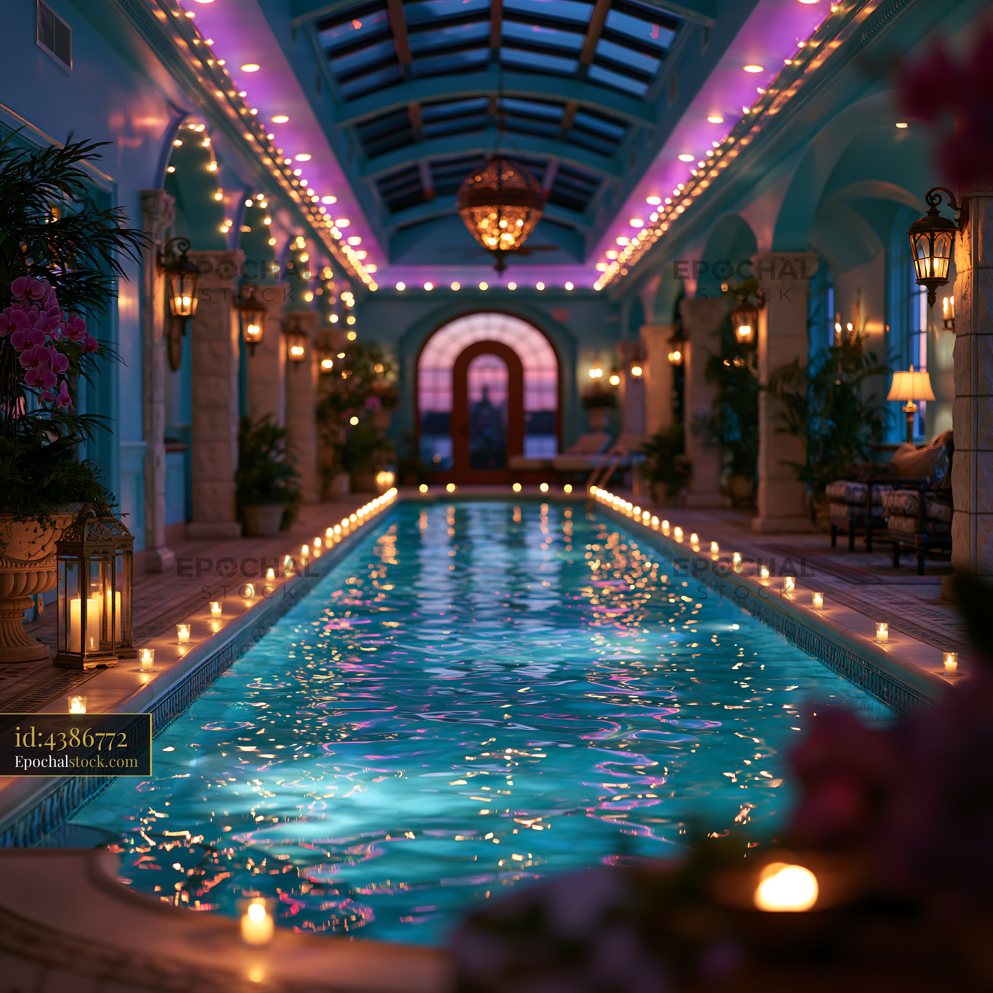 Indoor Pool Hall With Stone Columns and Blue Lighting - stock photo