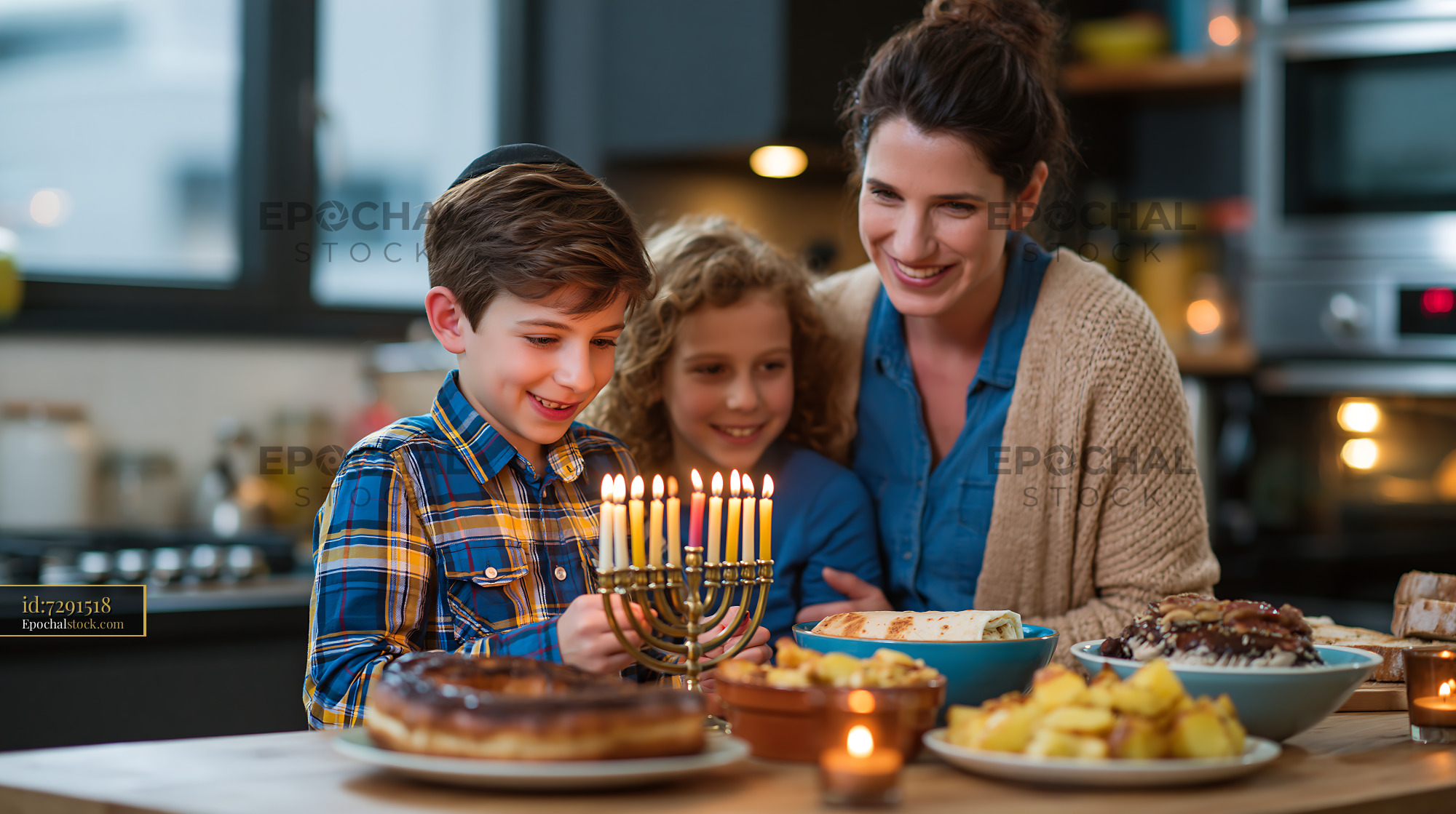 Watermarked full-resolution preview of Family celebrates holiday with menorah and food on the table
