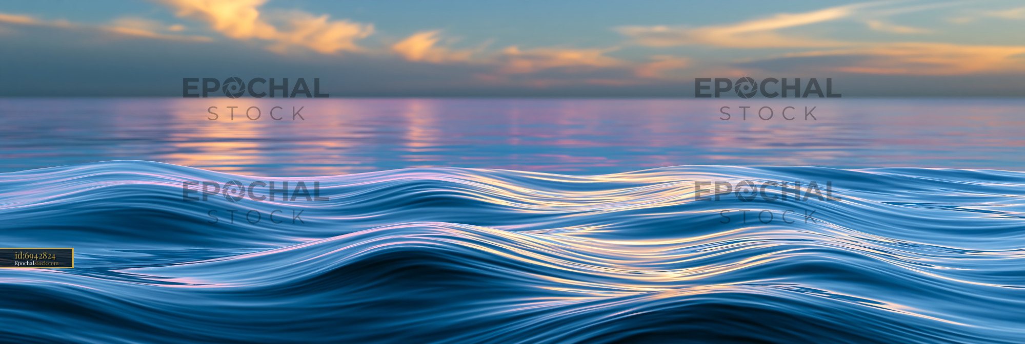 Watermarked full-resolution preview of Waves gently moving under a colorful sky at sunset