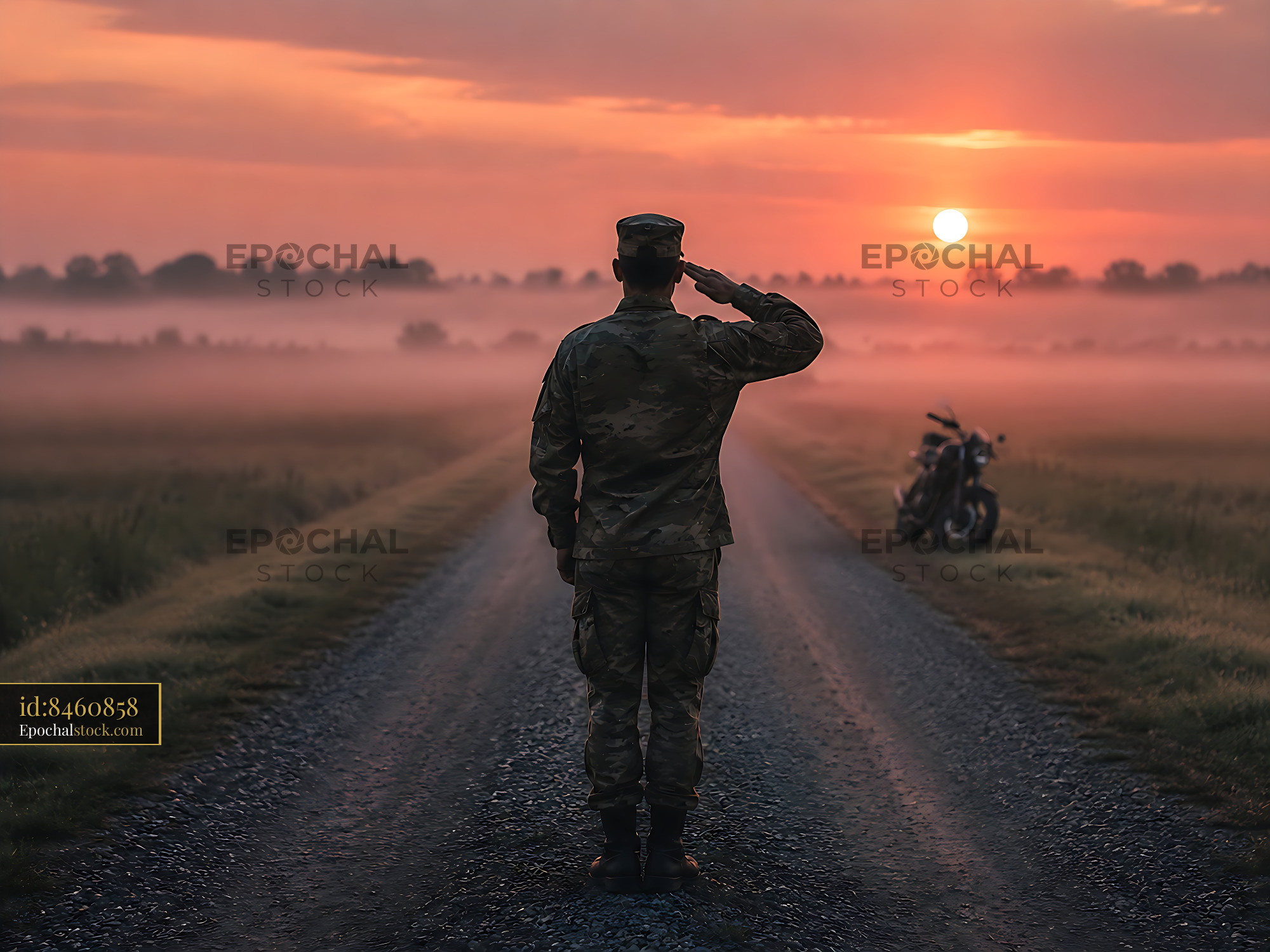 Watermarked full-resolution preview of Soldier saluting at sunset near a motorcycle on a rural road