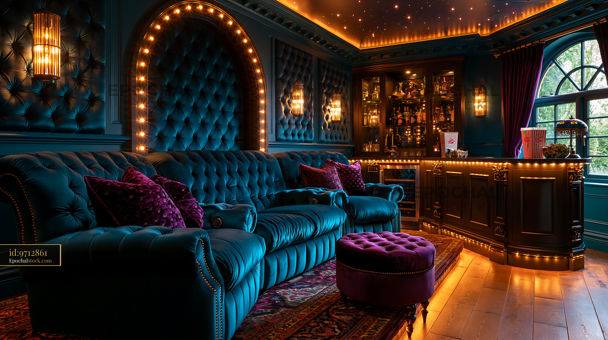 Watermarked full-resolution preview of Cozy interior of a lounge with blue sofa and bar area