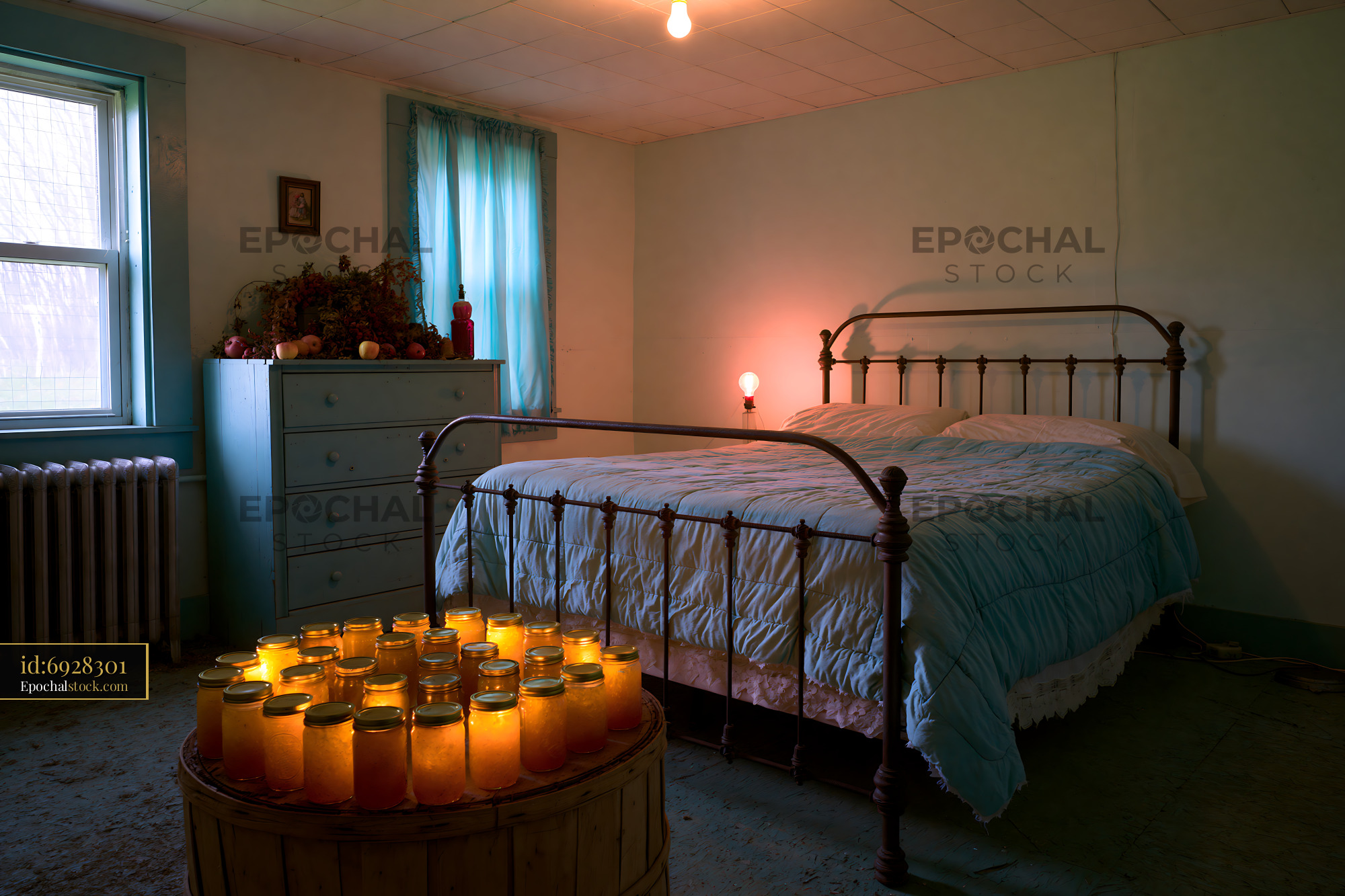 Watermarked full-resolution preview of Bedroom with jars of glowing lights and a bed in a simple setting
